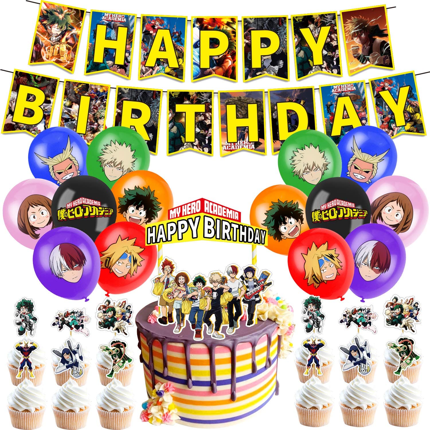 TEOY My Hero Academia Party Supplies, Birthday Decorations Set Including Balloons, Banner, Cake Toppers, Cupcake Toppers for MHA Fans Kids, MHA Theme Birthday Party Supplies