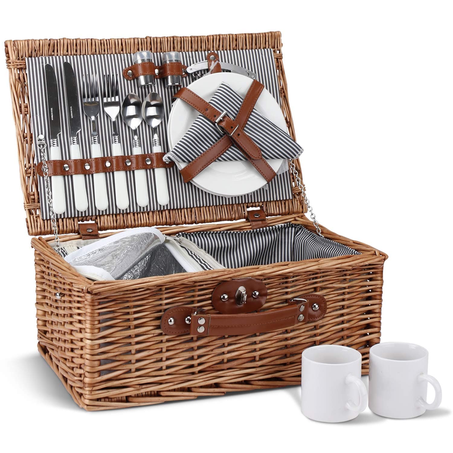 ZORMY Picnic Basket for 2, Willow Hamper Set with Insulated Compartment, Handmade Large Wicker Picnic Basket Set with Utensils Cutlery - Perfect for Picnicking, Camping, or any Other Outdoor Event