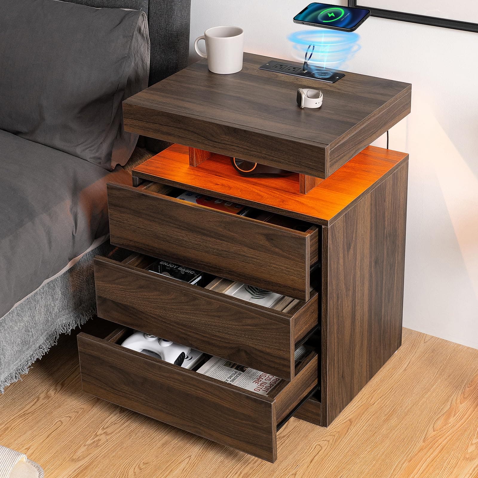 HOMMPA LED Nightstand with Wireless Charging Station & USB Ports, 3 Drawer Night Stand with LED Light RGB Adjustable Brightness, Smart Nightstand High Gloss Bedside Table for Bedroom Walnut