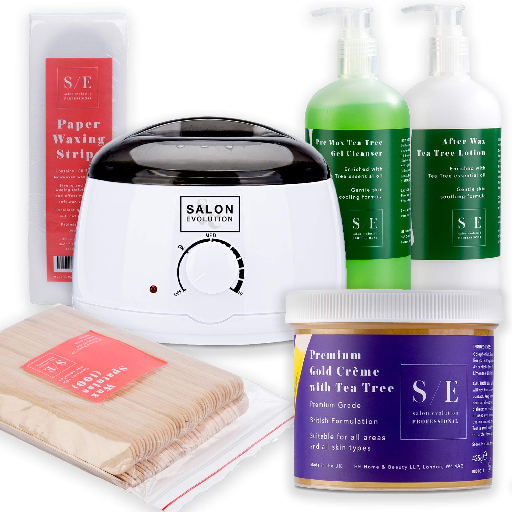 Salon Evolution Premium Tea Tree Hair Removal Waxing Kit with Wax Heater, Paper Wax Strips, Spatulas, Pre & After Care Lotion (Kit + Tea Tree Wax 425g) (Standard Wax Heater)