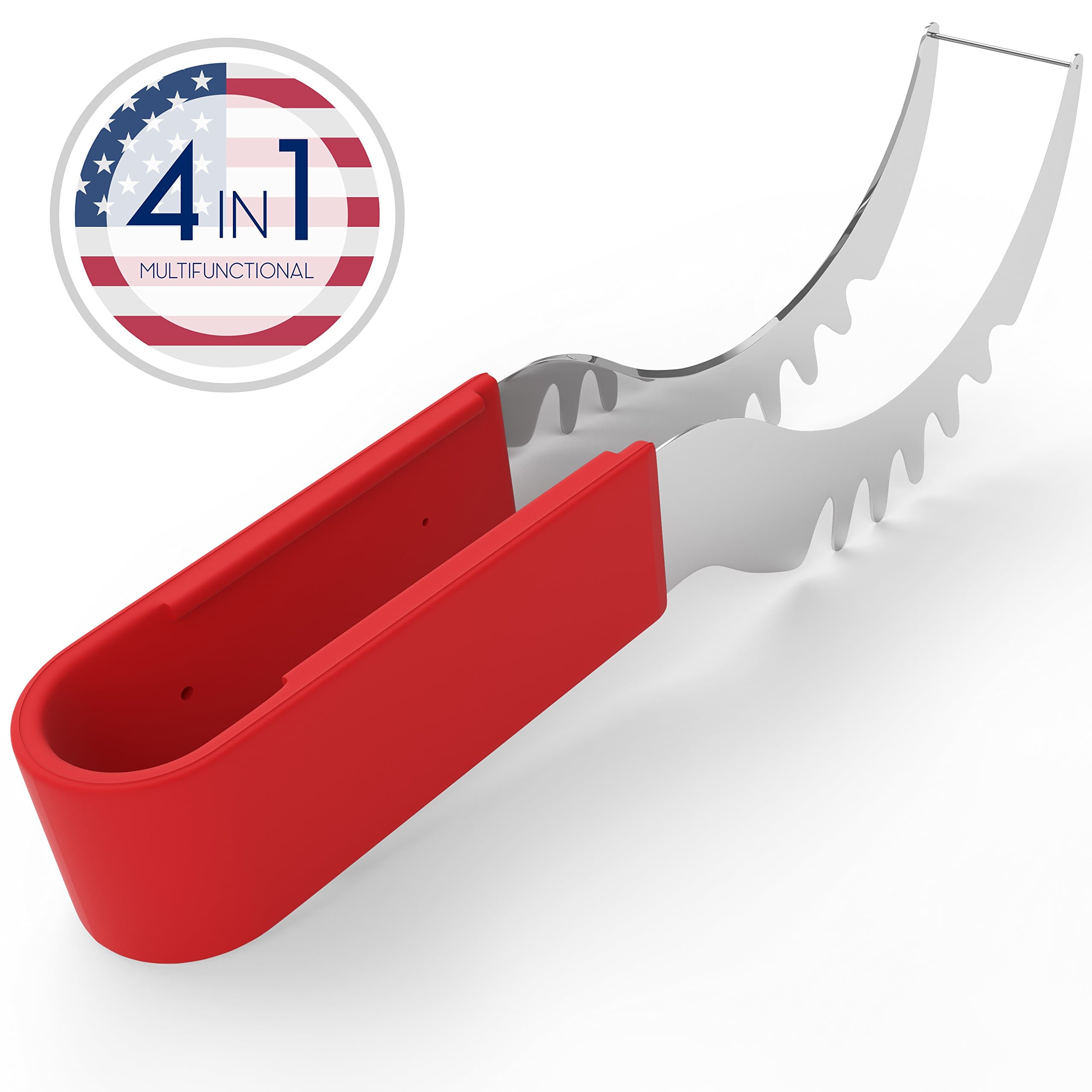 Watermelon Slicer By Meloslice - High Quality Stainless Steel Tong With Silicone Handle - Bonus E-Book- Multipurpose Cutter Corer Server Knife - Works Perfectly With Melons Or More Fruits / Vegetables