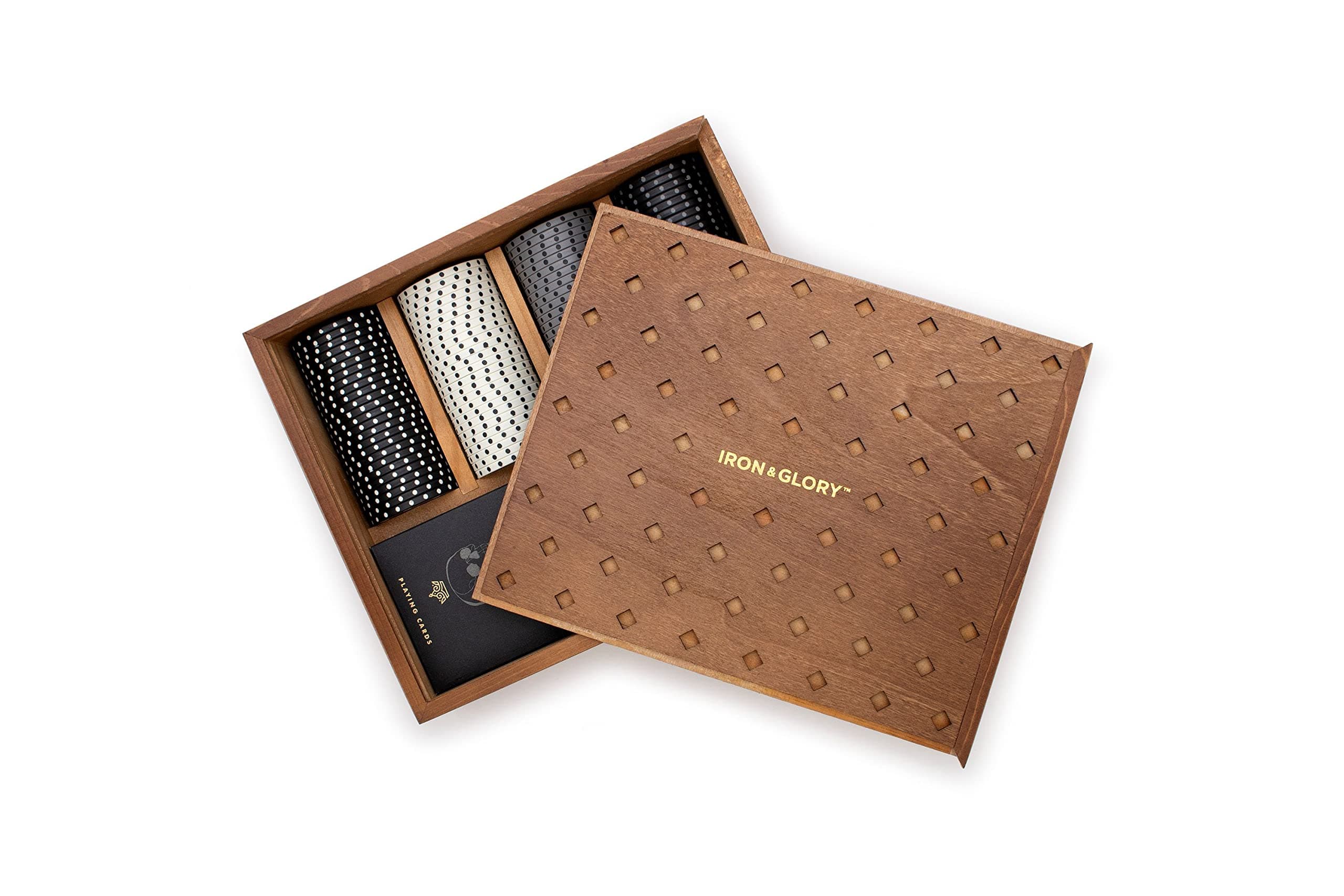 Iron & Glory Poker Set - Luxury Poker Set in Premium Wooden Box - Includes Playing Cards & 100 Custom Chips - Below Deck - Engraved Ace Of Spades Metal Dealer Chips - Board Games - Travel Games