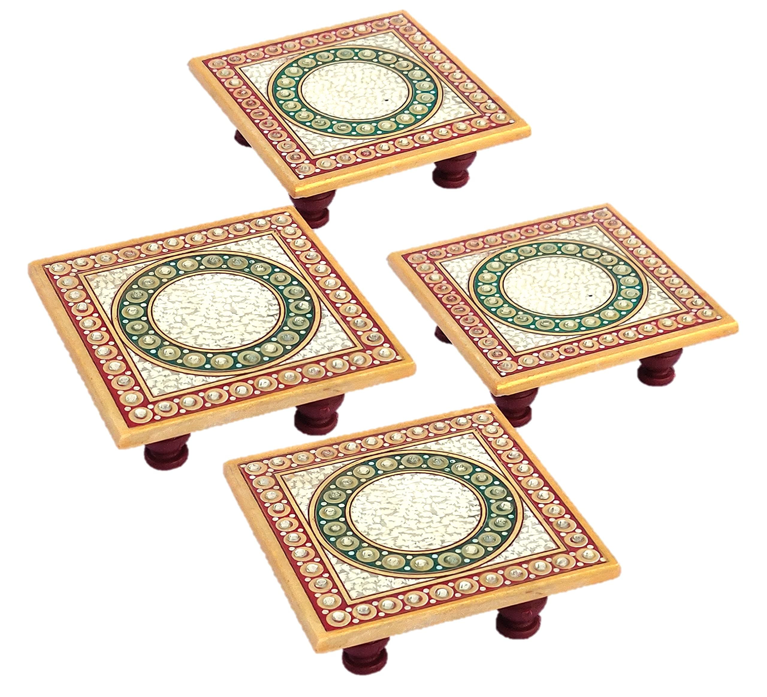 Mander Floral Art Design Marble Pooja Chowki for God | Handcrafted Marble Chowki for Puja Home Mandir, Idols Sitting, Pratima Murti (Pack of 4, Size: 4" x 4" Inch)