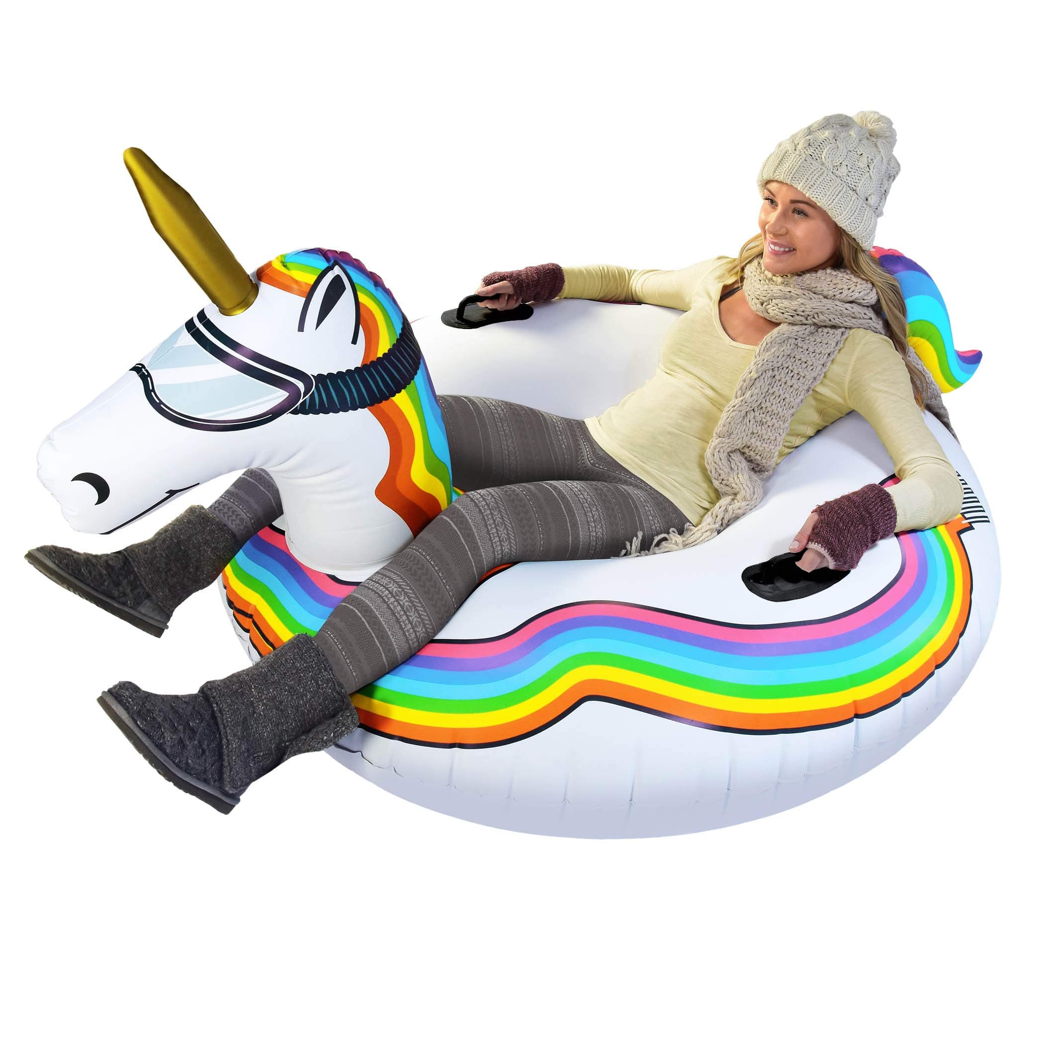 GoFloats Winter Snow Tubes - Choose from Unicorn, Disney's Frozen, Ice Dragon, Polar Bear, Penguin, Flamingo - Inflatable Sled for Kids and Adults