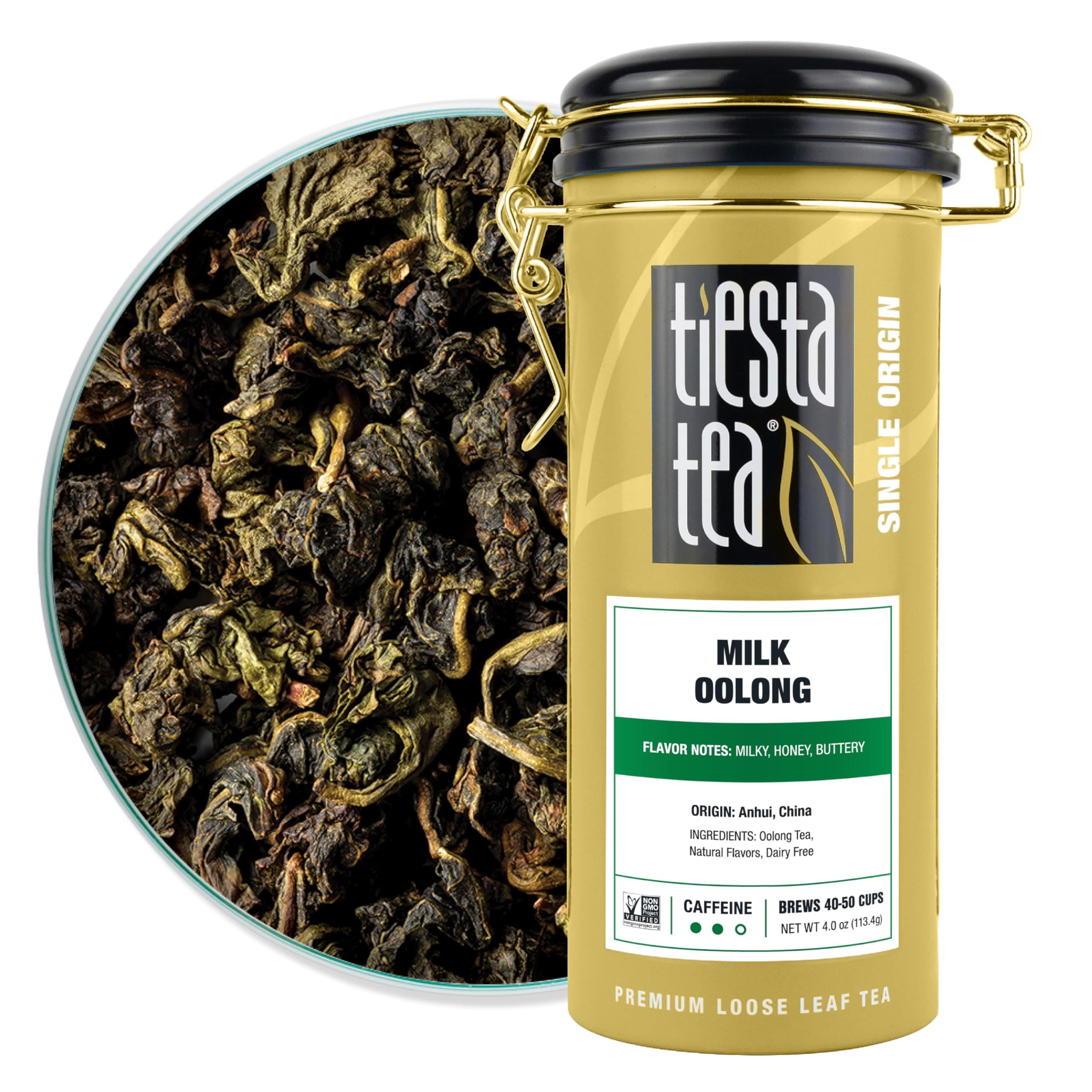 Milk Oolong Tea, Loose Leaf, Single Origin Premium Oolong Blend from China, Medium Caffeinated, Makes Hot or Iced Drink & Up to 50 Cups, 100% Pure Unblended, 4oz Refillable Tin