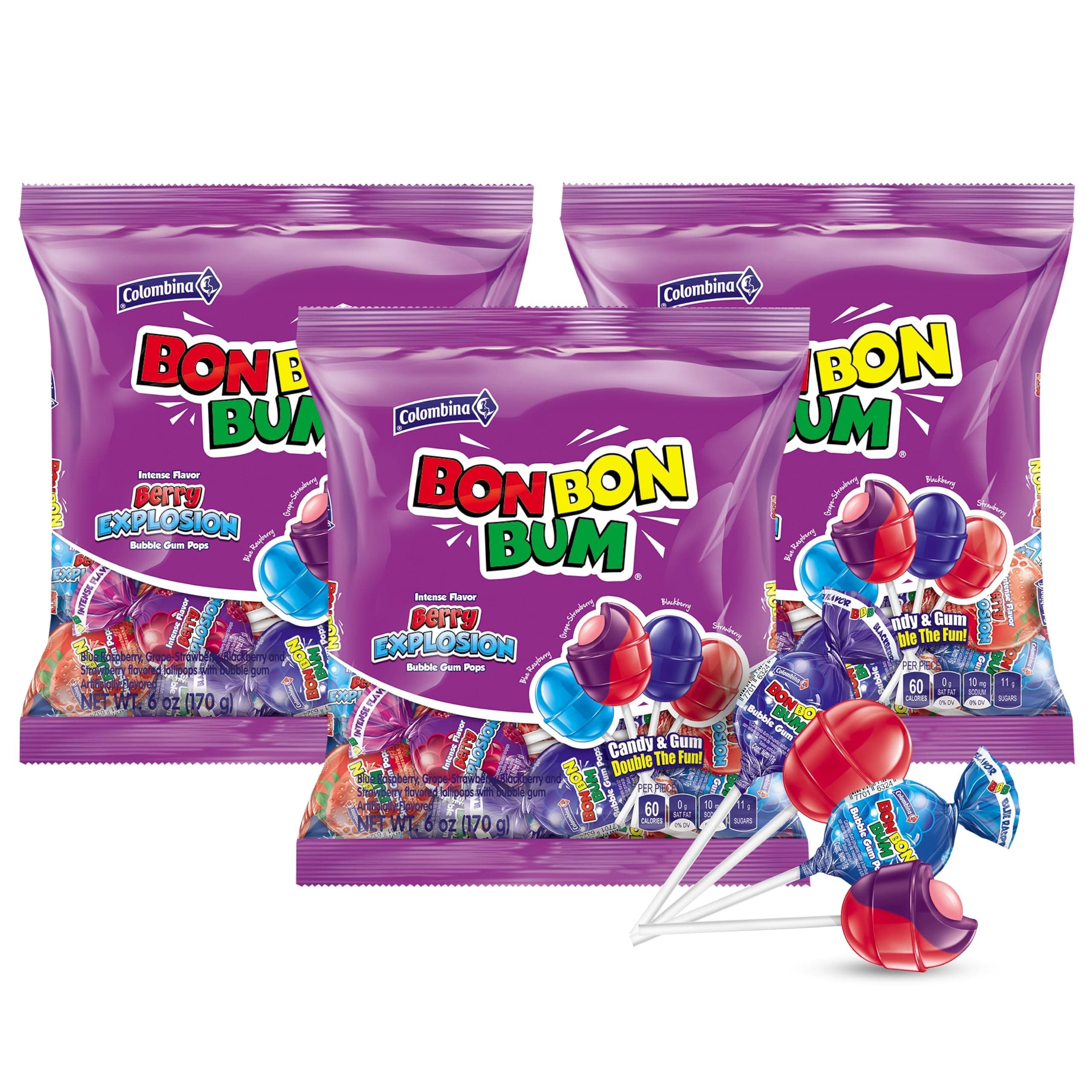 Bon Bon Bum Lollipops w/Bubble Gum Center, Berry Explosion Mix, Individually Wrapped, Ideal for Party Favors and Gifts, 3 Pack (30 Count)