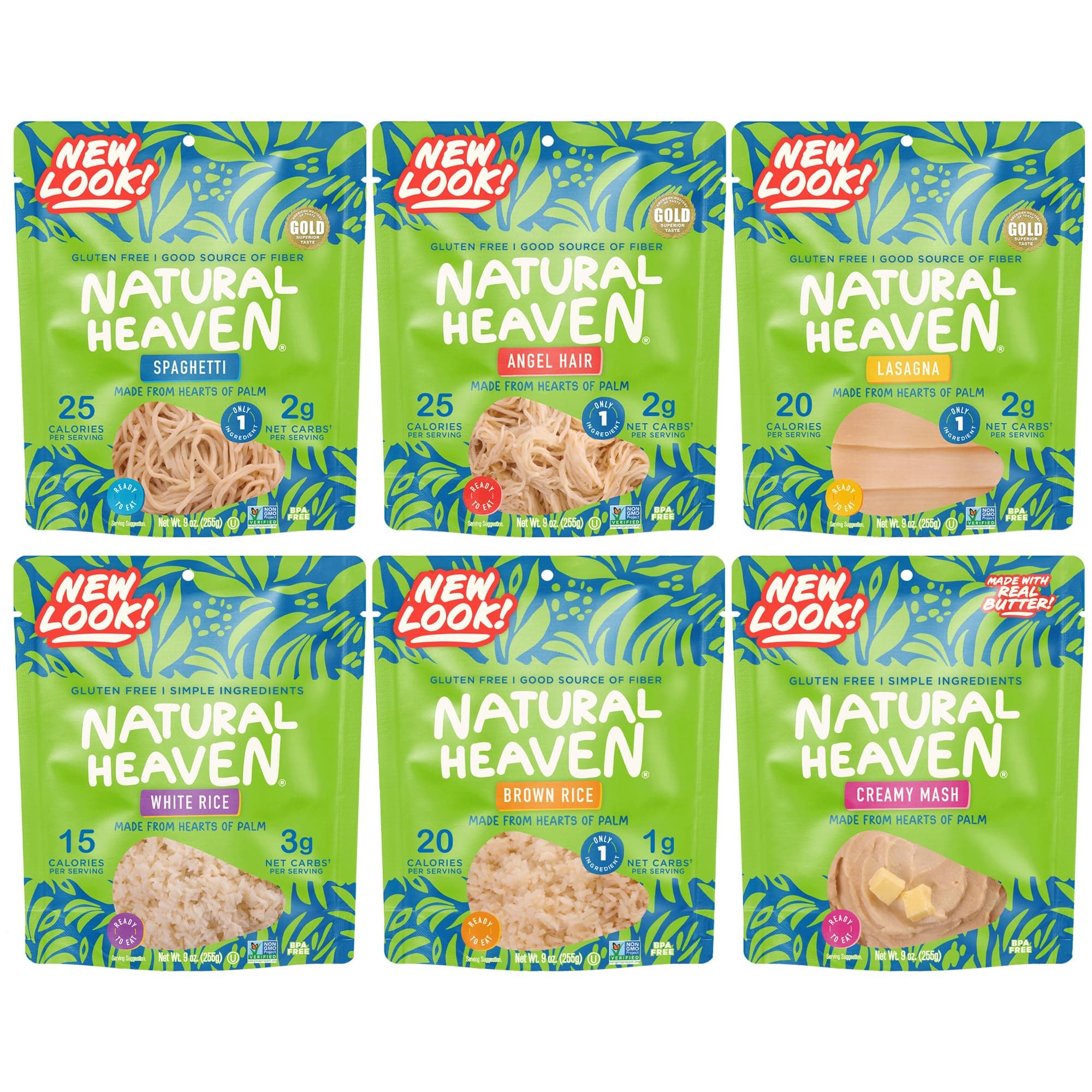 - Natural Heaven Hearts of Palm Variety 6-Pack – Spaghetti Noodles, Angel Hair Pasta, Lasagna, White & Brown Rice, Creamy Mash, Low-Calorie, Keto & Gluten-Free Food, 9 Oz Ea