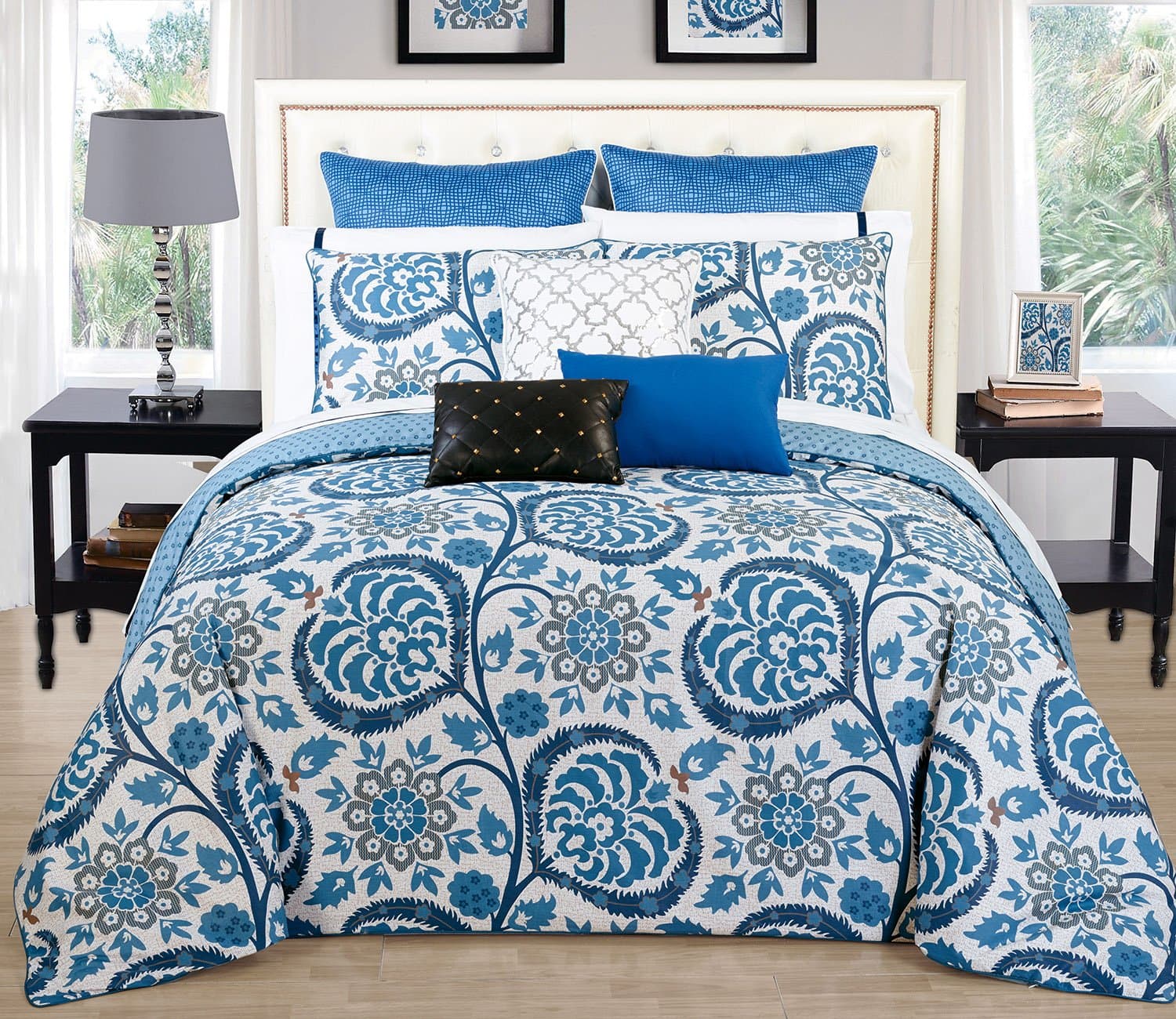 Homelux Delight Collection 200 Thread Count 100% Natural Pure Cotton Reversible 3 Pieces Duvet Cover Set, Queen Size, Blue Floral Design