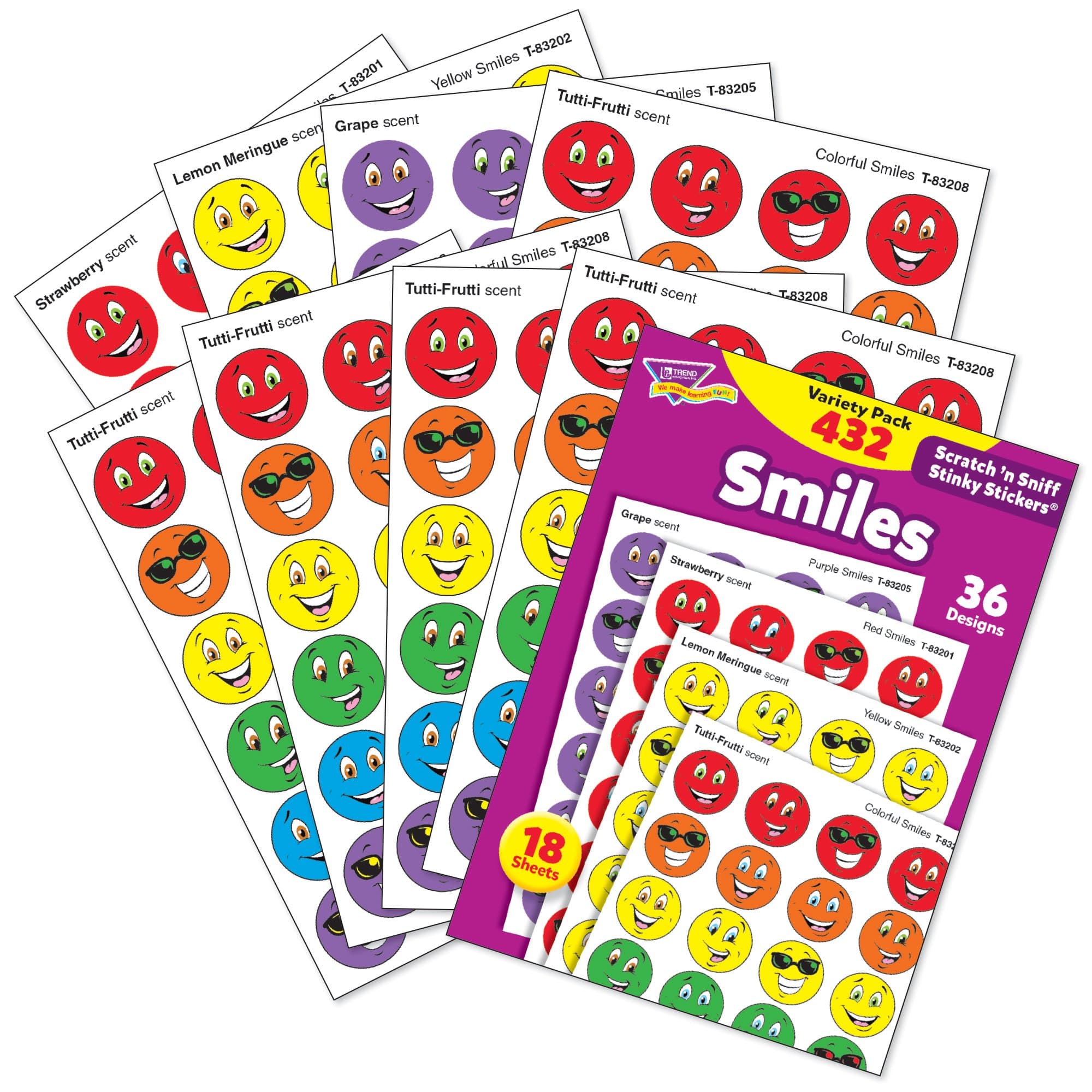 Smiles, Scented Scratch 'N Sniff Stinky Stickers, Fun for Rewards, Incentives, Crafts and as Collectibles, 36 Different Designs, 18 Sheets Included, for Ages 3 and Up