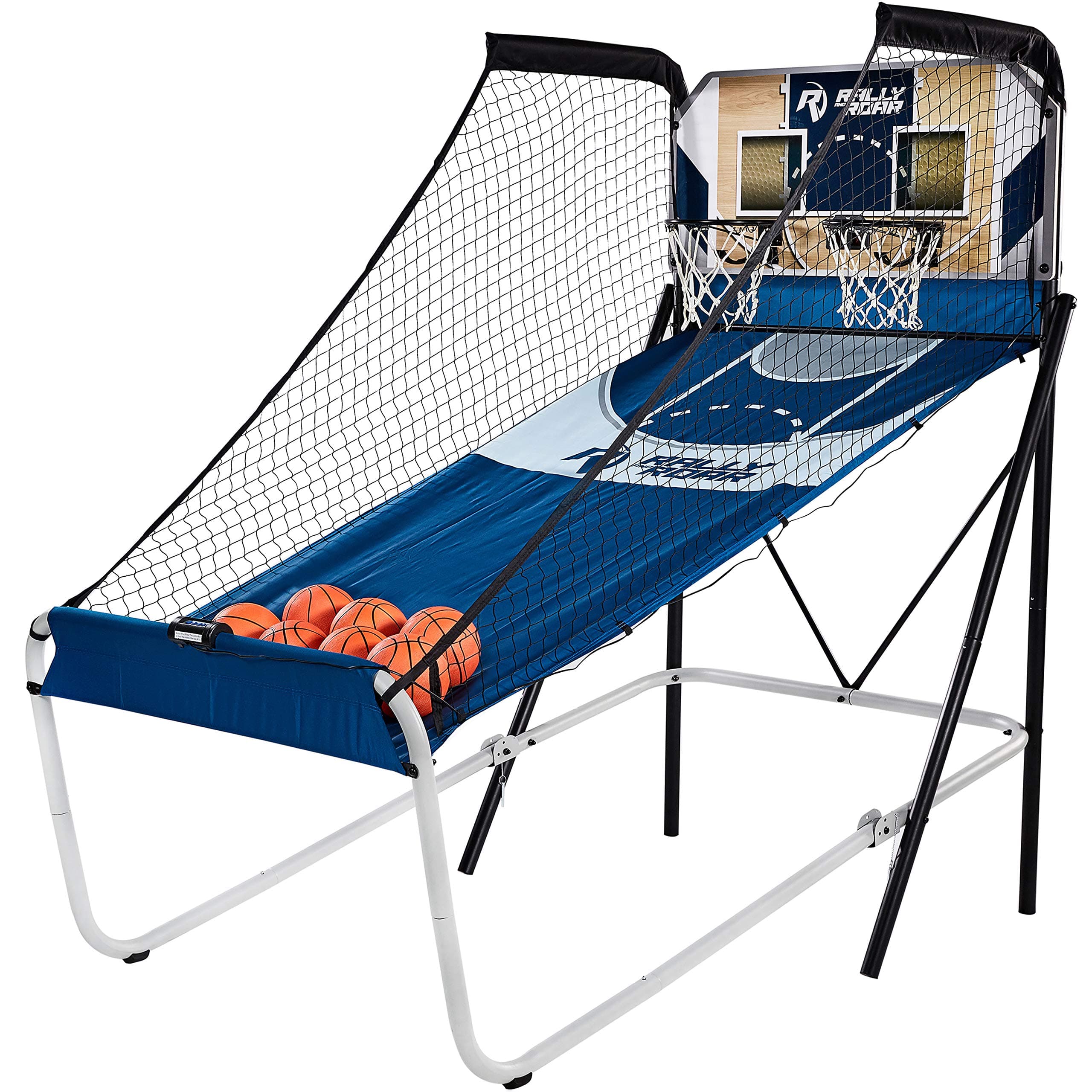 Rally and Roar Classic Shootout Indoor Foldable Arcade Basketball Game - Dual Shot with LED Lights and Scorer - 8 Game Options with 7 Basketballs and Pump