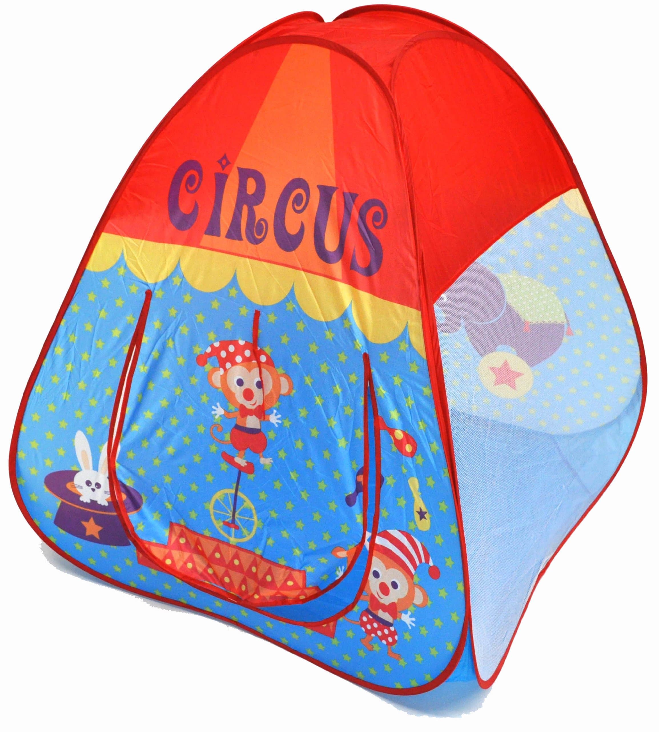 Circus Theme Twist Play Tent House for Kids w/ Safety Meshing for Child Visibility & Tote Bag