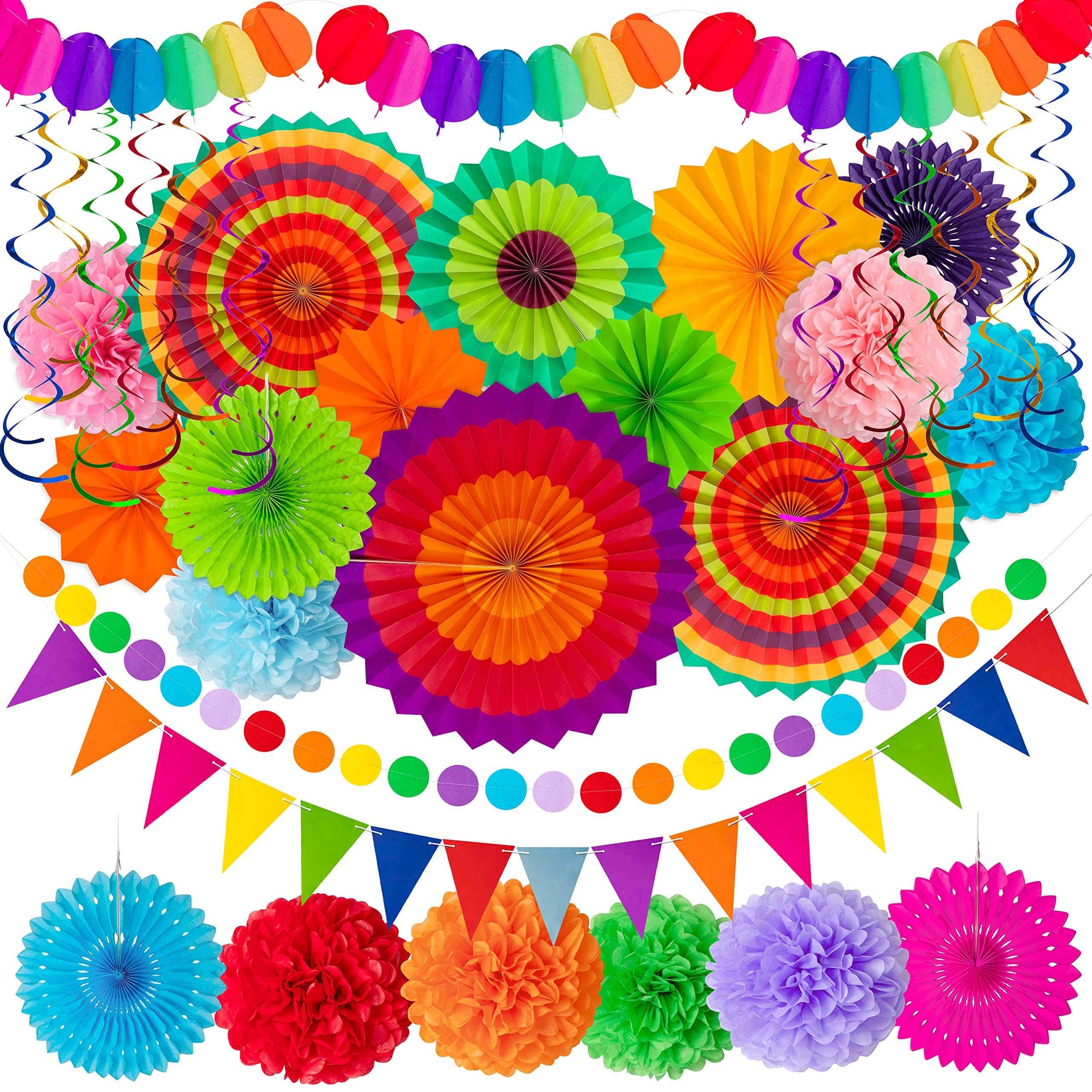 35PCS Fiesta Paper Fan Party Decorations Set - Cinco De Mayo Pom Poms,Pre-assembled Pennant,Garland String,Banner,Hanging Swirls Hispanic Heritage Month Decor Supplies,Multicolored