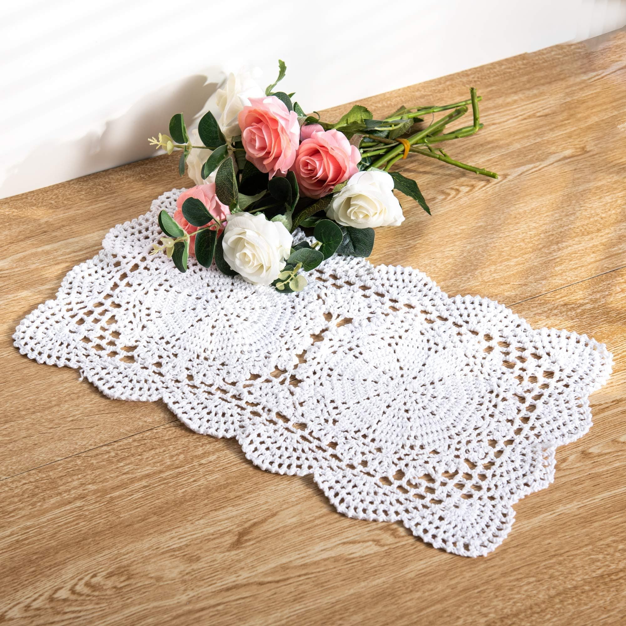 Eiyye 2-Pcs Rectangle Doilies 10.5x17inch Handmade Crochet Cotton Lace Table Placemats Coaster (White)