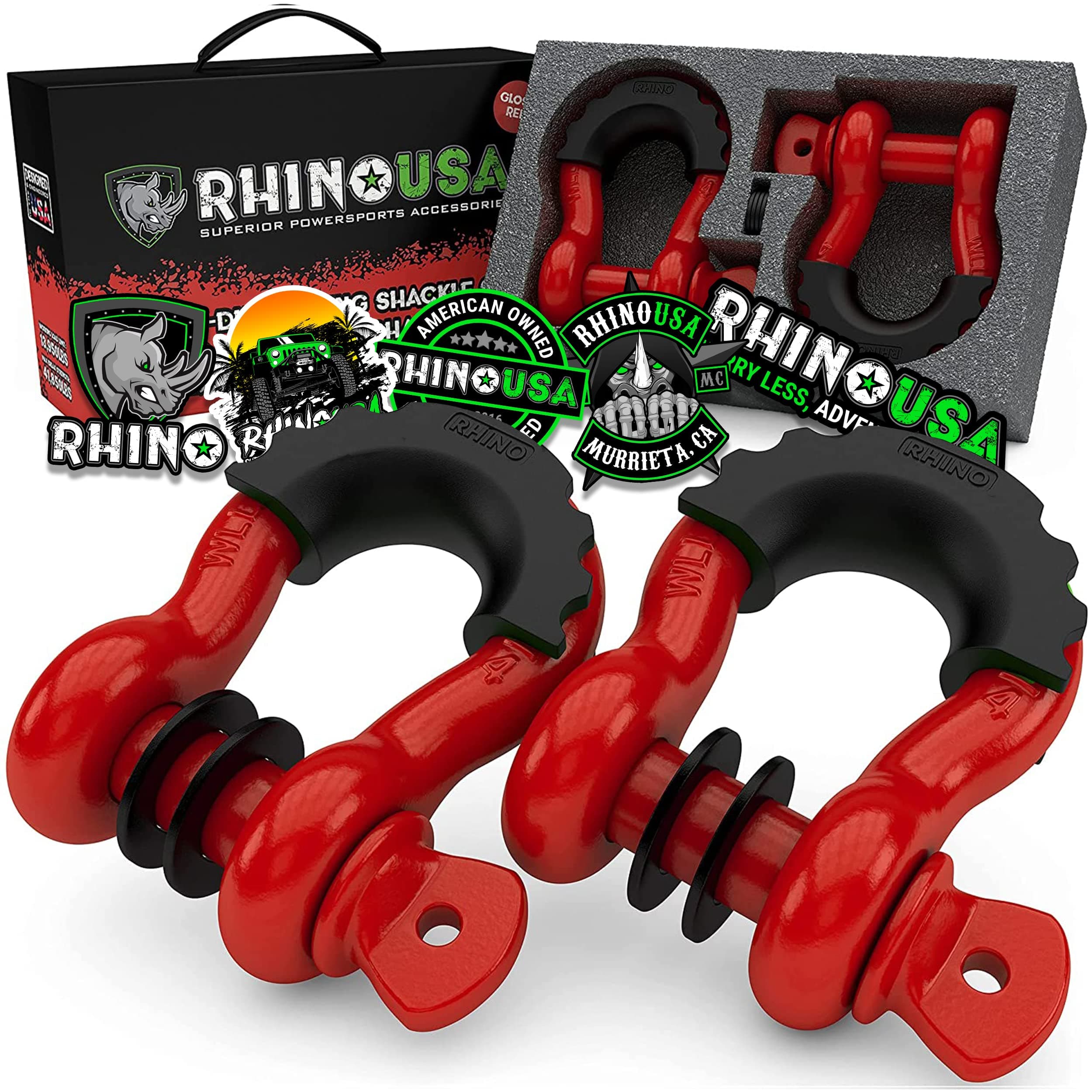 Rhino USA D Ring Shackles (2-Pack) - 41,850lb Break Strength – Heavy Duty 3/4" Clevis Shackle with 7/8 Pin for Towing & Off-Road Use - Pairs with Tow Strap for Vehicle Recovery (Red)