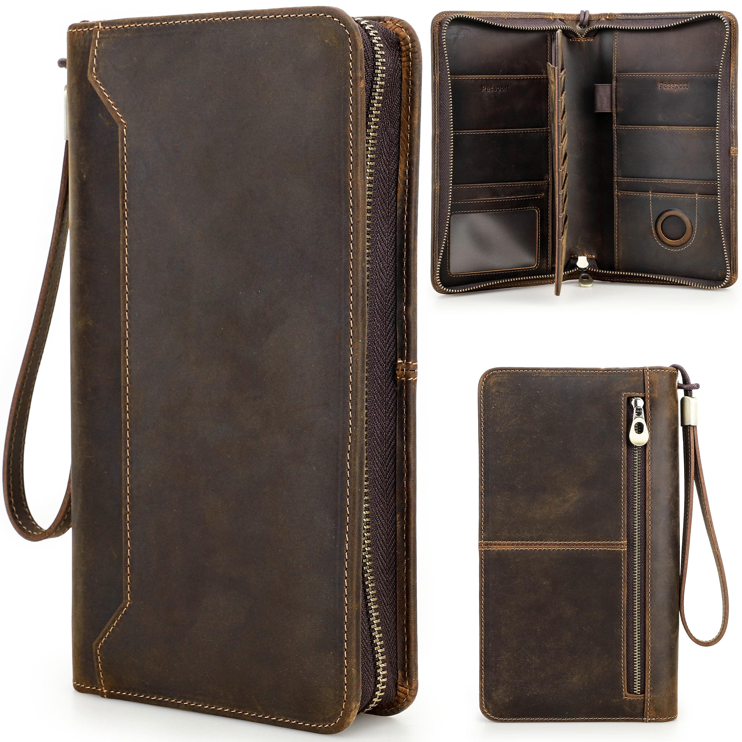 CataPurus Top Grain Leather Travel Passport Wallet Holder for Men Women Handmade RFID Blocking 4 Passports and Cards, AirTag Slot - Matte Coffee - Update