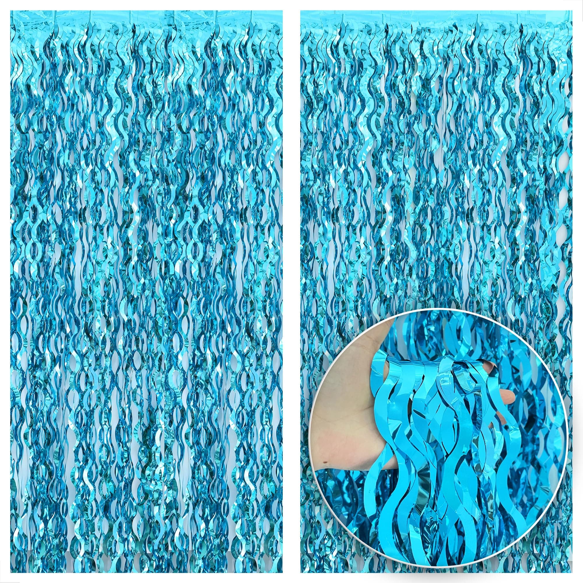 KatchOn, XtraLarge, Wavy Blue Foil Fringe Curtain - 3.2x6.5 Feet, Pack of 2 | Blue Water Beach Backdrop for Beach, Pool, Summer Party Decorations