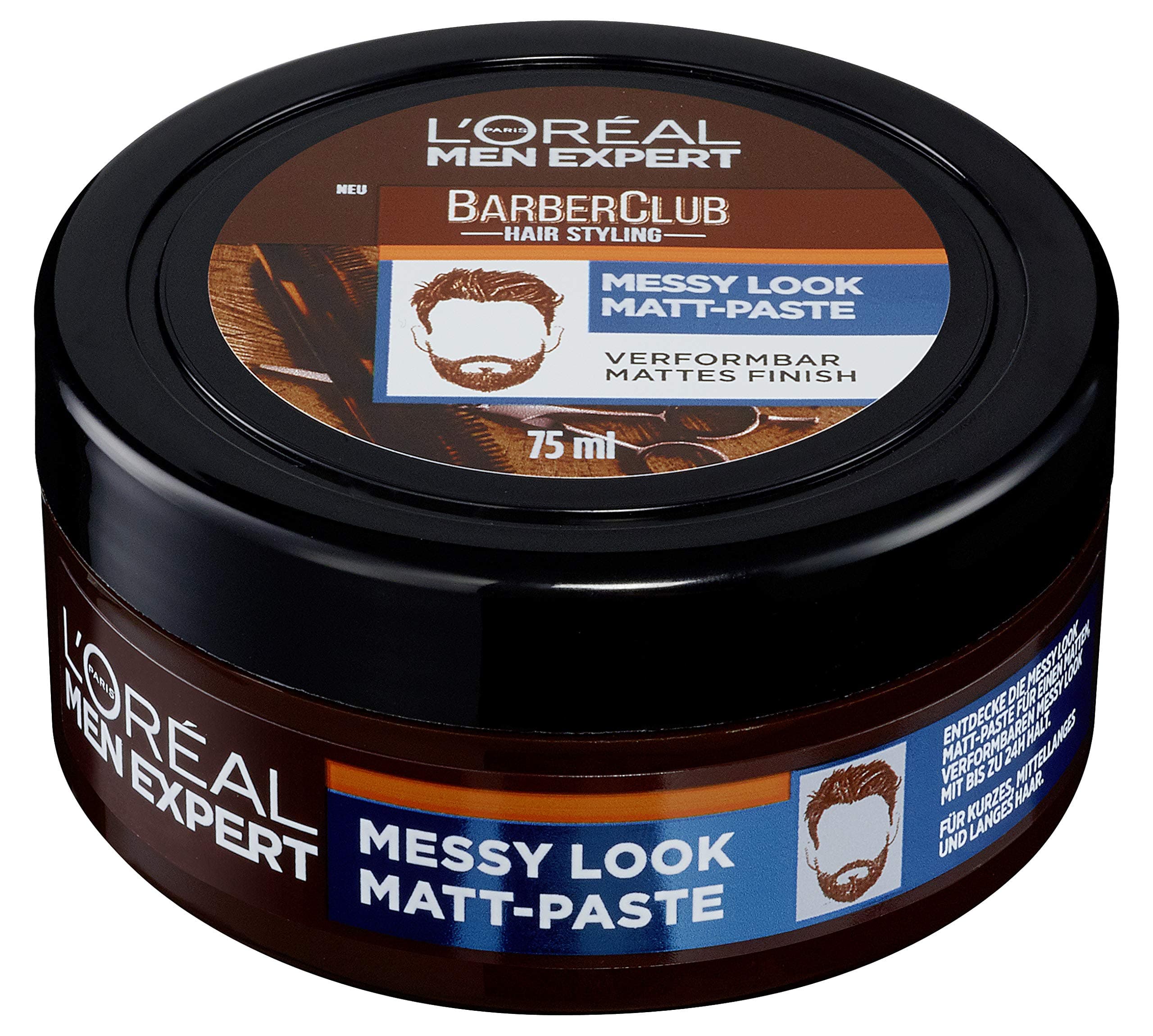 L’Oréal Paris men expert Barber Club, Messy Look Matt Paste, Matte Hair Wax with Strong Hold, Malleable, Flexible Structure, Hair Paste for, 75 ml