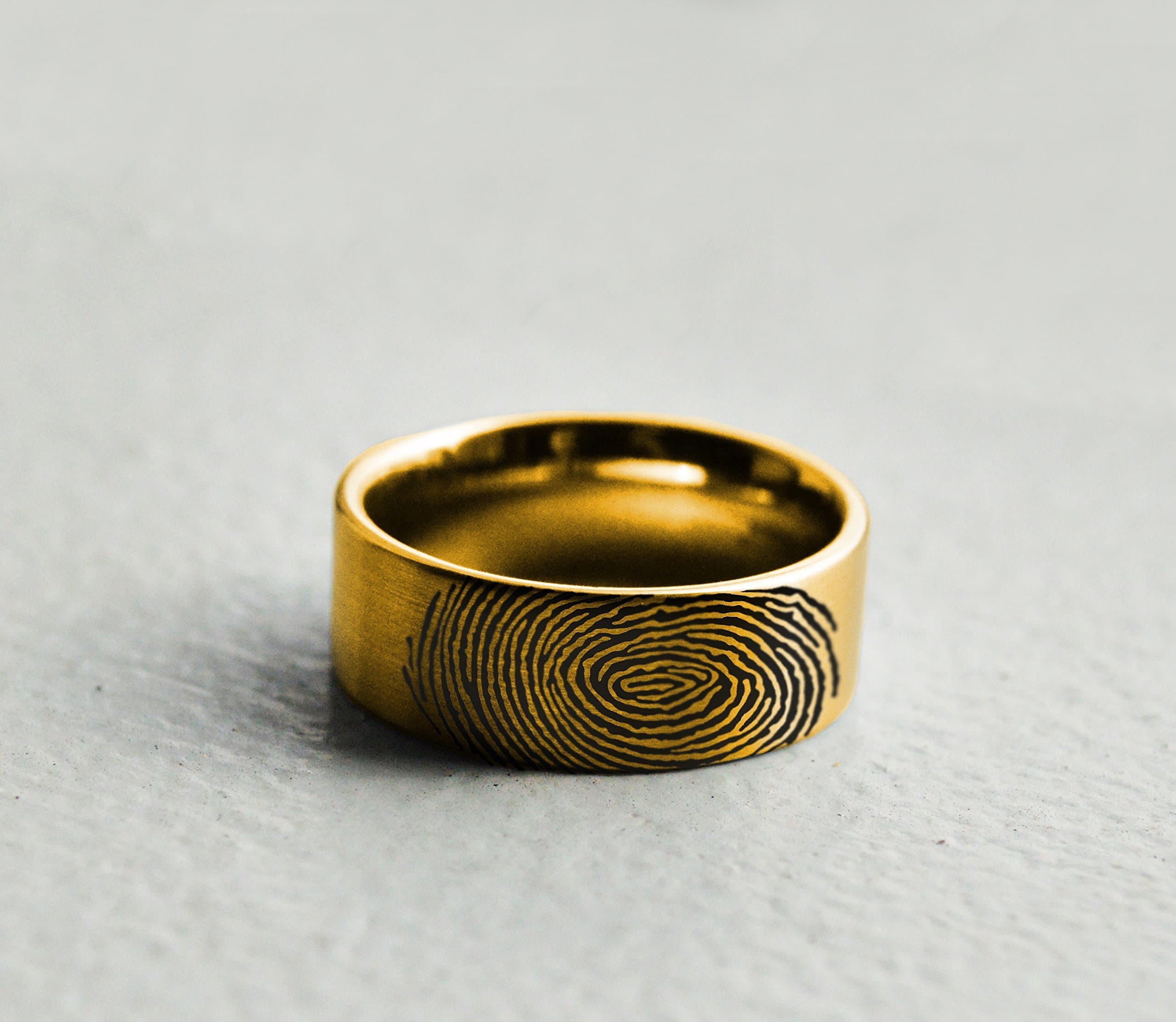 Handmade Flat Brushed 10k Fingerprint Ring Yellow Gold Fingerprint Ring - 4mm - 8mm Available