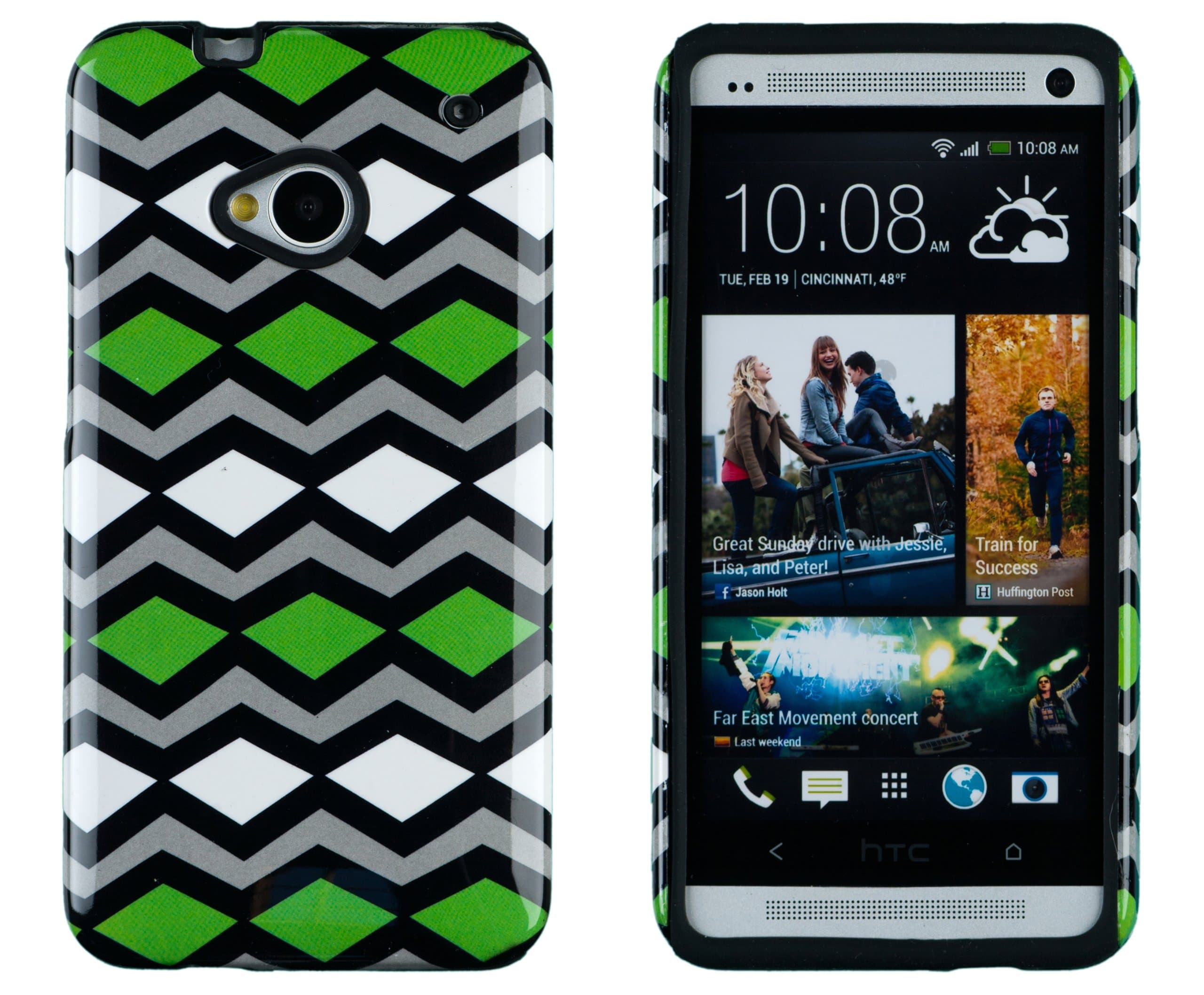 DandyCase 2in1 Hybrid High Impact Hard Lime Green Tribal Chevron Pattern + Black Silicone Case Cover for HTC One M7 4G LTE + DandyCase Screen Cleaner