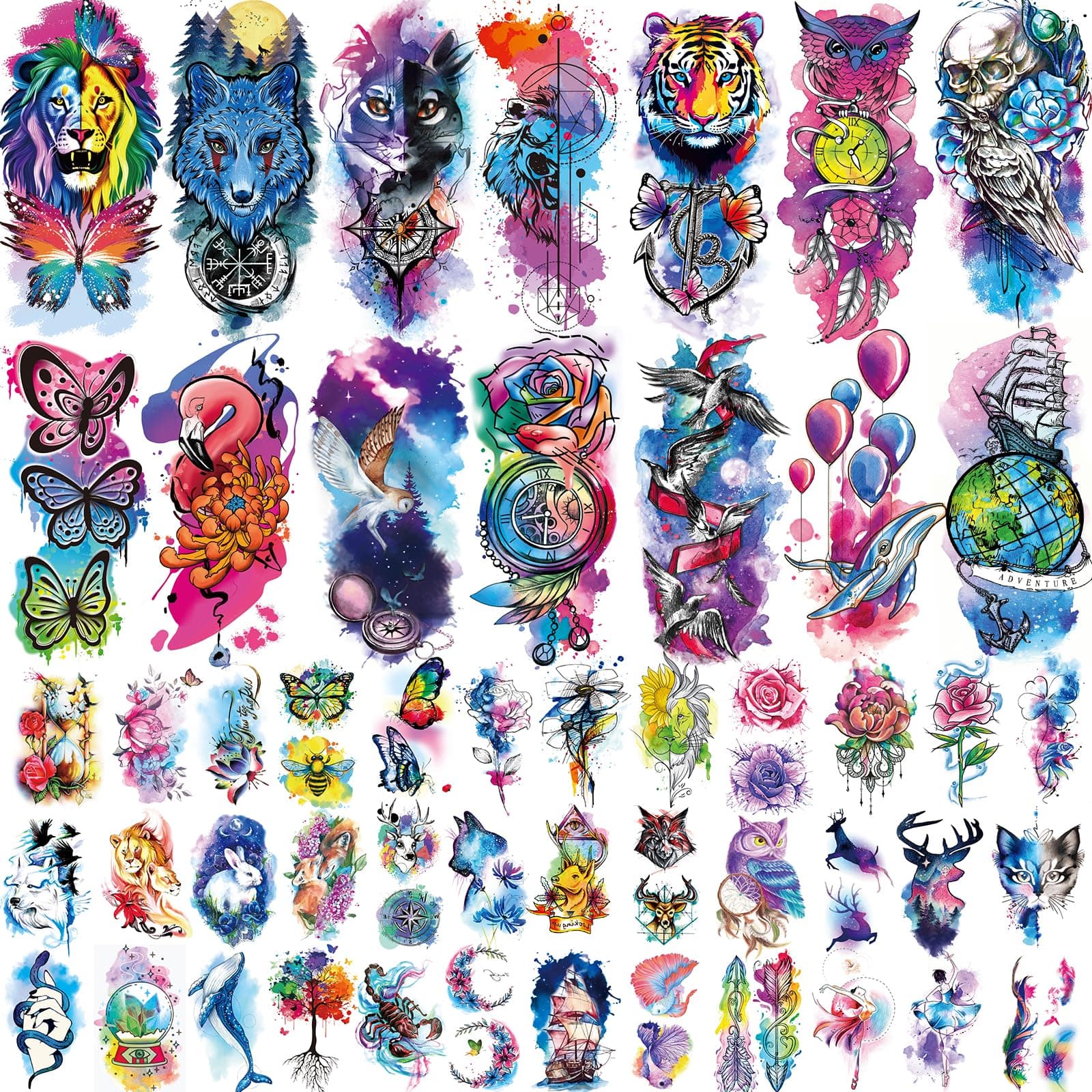 86 Sheets Temporary Tattoo, 14 Sheets Large Half Arm Fake Flower Cat Owl Lion Tattoos, 72 Sheets Tiny Waterproof Semi Permanent Temporary Tattoos Realistic for Women Girls Kids Adults