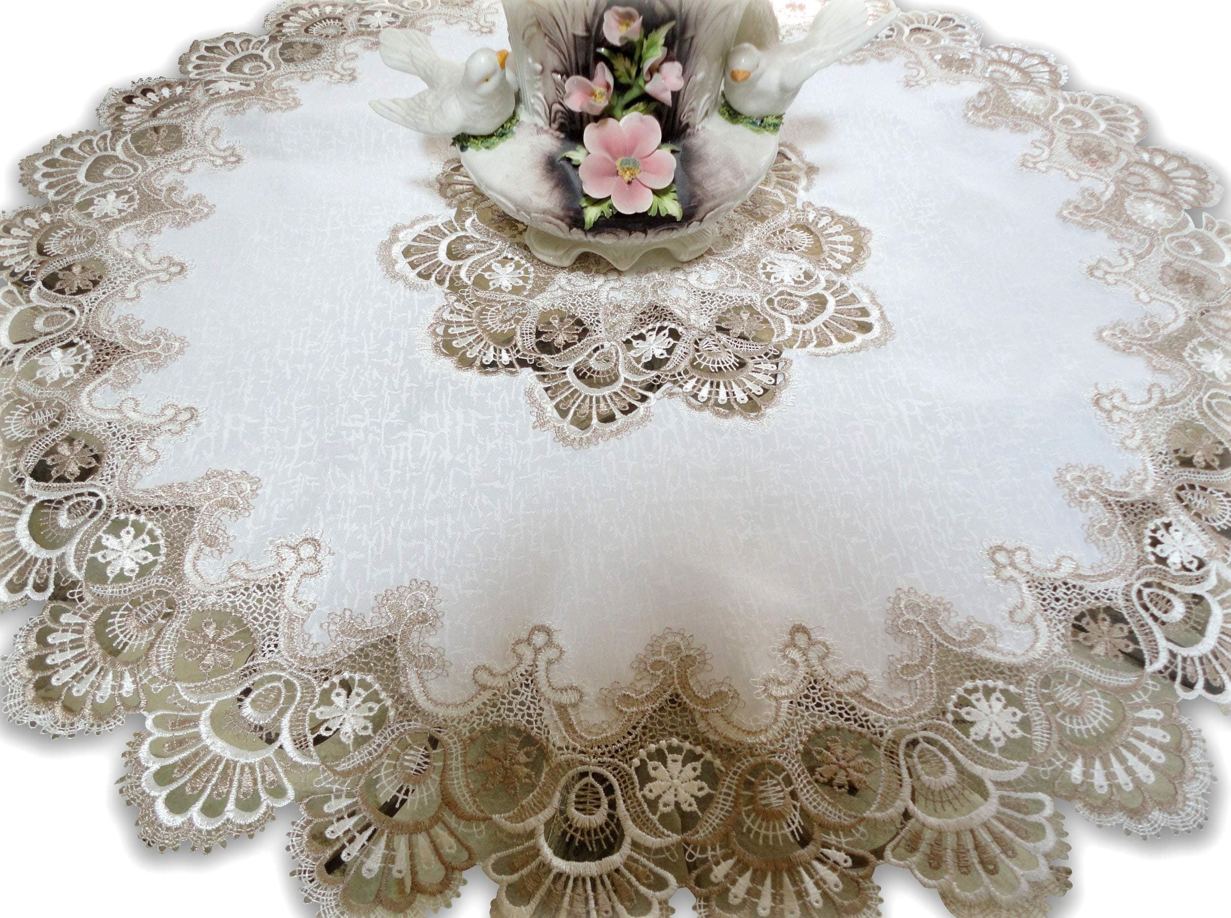 Galleria di Giovanni34" X-Large Lace Doily Table Topper Taupe Neutrals & White Tablecloth Round Dresser Scarf