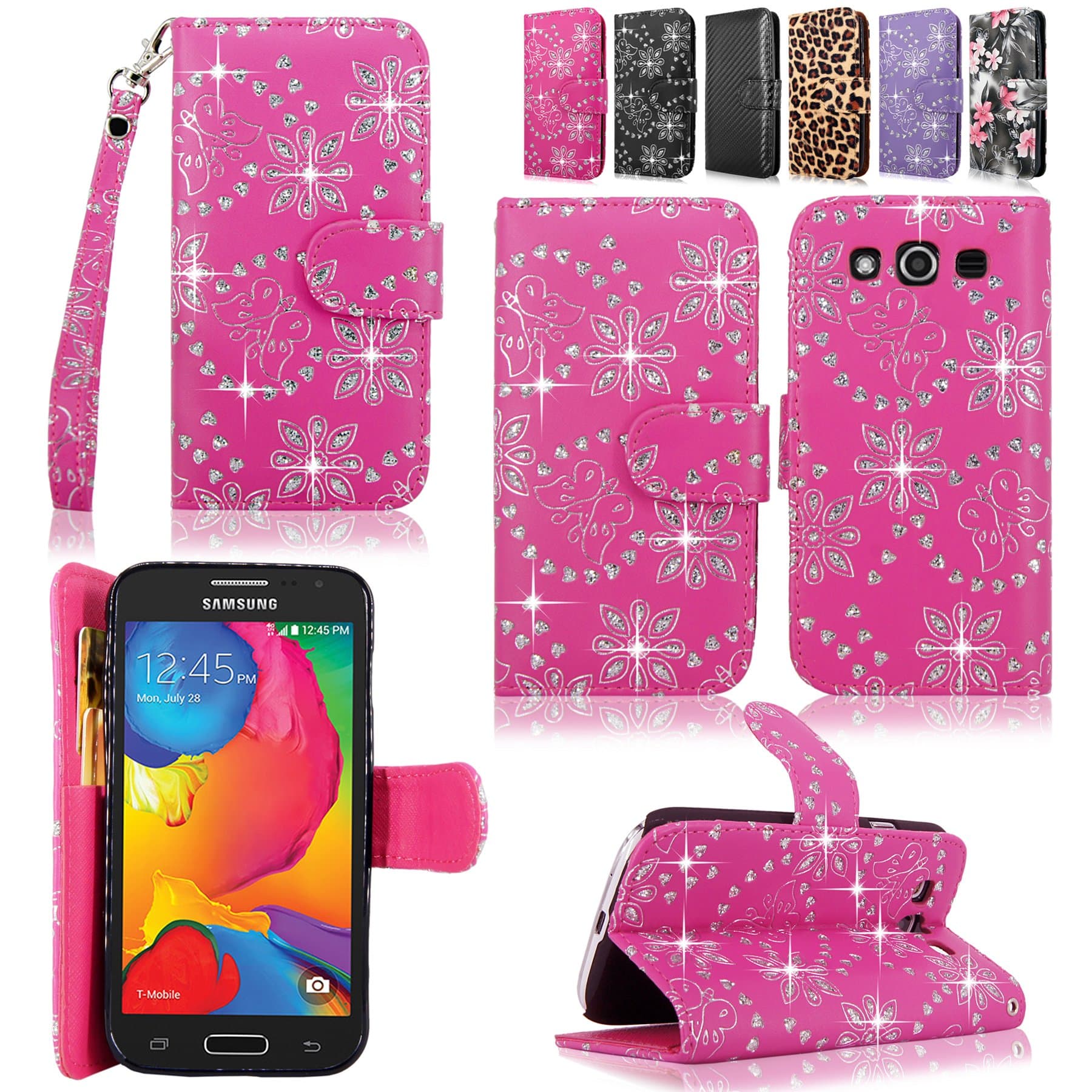 Samsung Galaxy Avant Case-Cellularvilla Pu Leather Wallet Card Flip Open Pocket Case Cover Pouch for Samsung Galaxy Avant G386 (T-Mobile) (Pink Glitter)