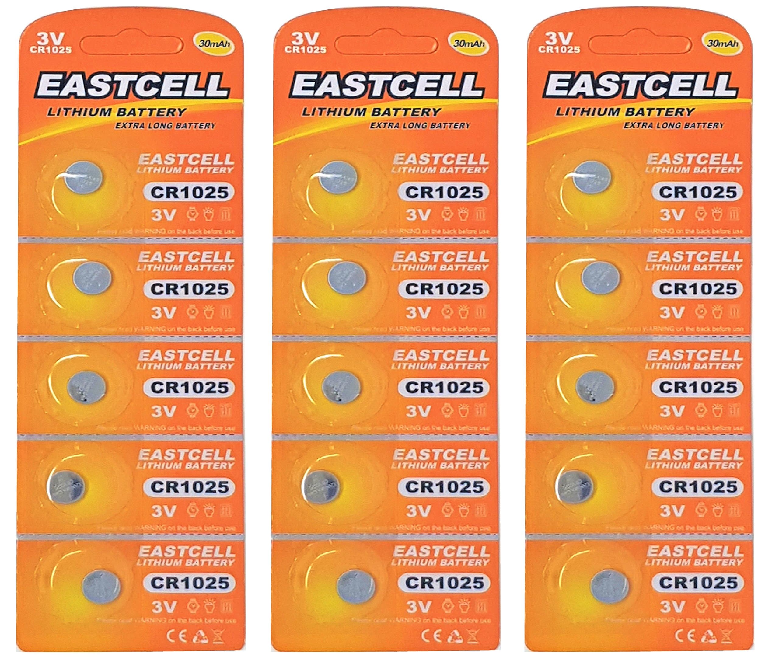 EASTCELL 15 x CR1025 3 V Lithium Button Cell 3 mAh (Blister Ercard 5 Batteries Pack of 30) Brand FBA