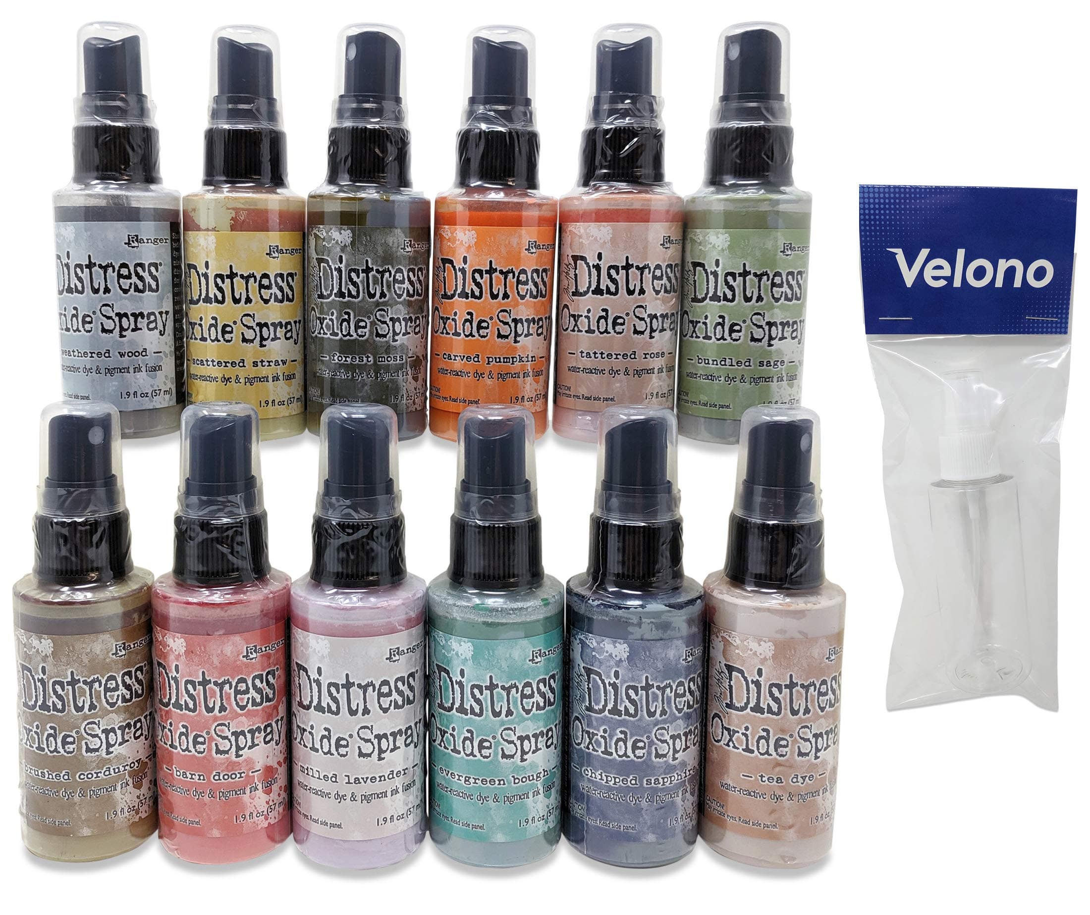 Ranger Tim Holtz Distress Oxide Spray 13-Piece Bundle, 12x Distress Oxide Ink Spray 2oz Bottles (Release 4 Fall 2019), 1x Velono 2oz Clear Spray Bottle