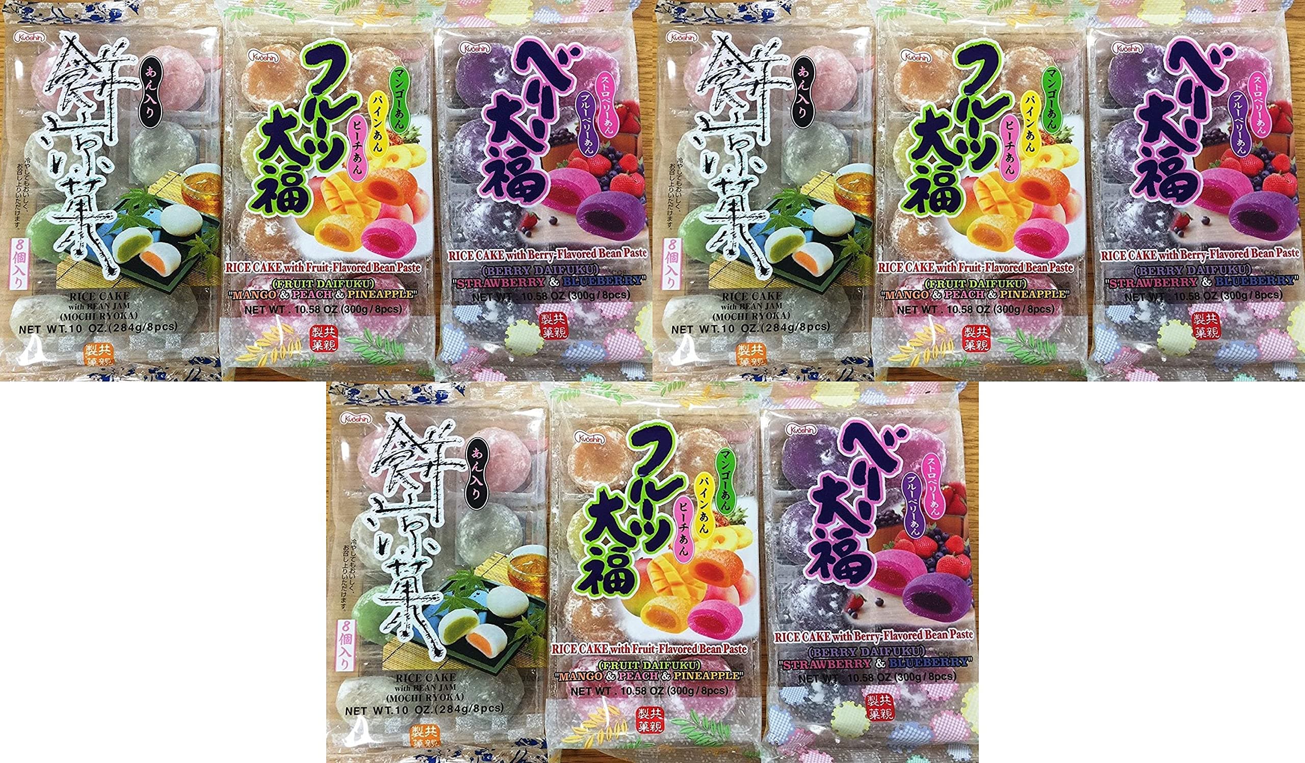 Japanese Fruit Flavor Mochi Strawberry & Blueberry, Mango & Peach & Pineapple, Bean Jam Rice Cake Mochi Sampler - 3x 8 Pc by Kyoshin Pack of 3