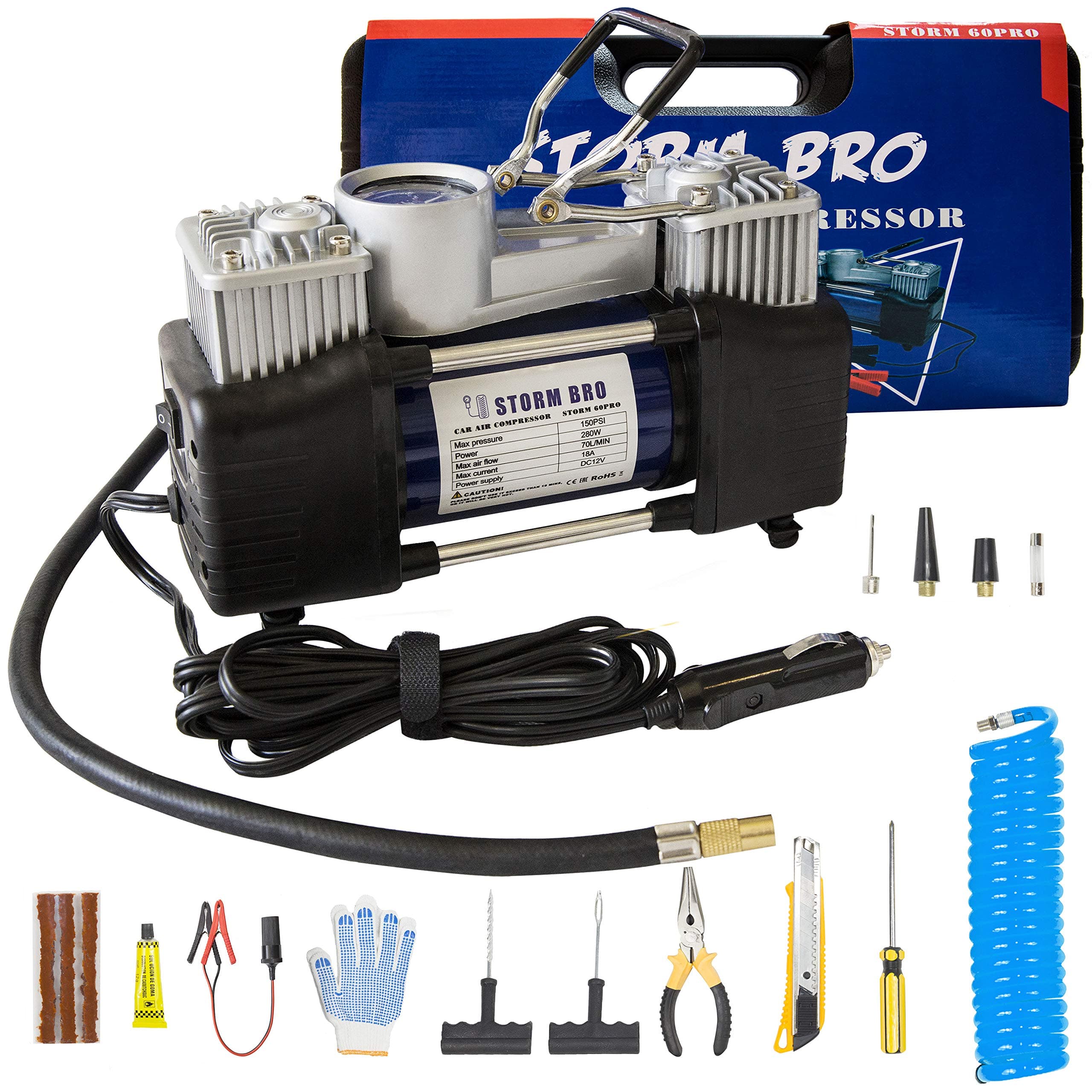 -Dual Cylinder Portable Air Compressor Heavy Duty Tire Inflator Car Pump 150PSI Gauge Glow in The Dark Tire Repair Tool case for MPV,Sedan,Mid-Size SUVs, Balls, Other Inflatables