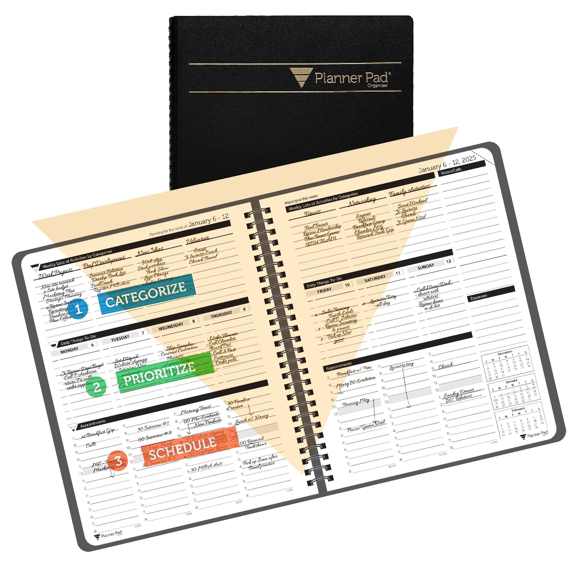 Planner Pad Spiral Bound January-December 2025/ Calendar Year 6 3/4" x 8 1/2" Medium 3-Tier Funnel Down 12 Month Organizer, Black Cover/Black Ink