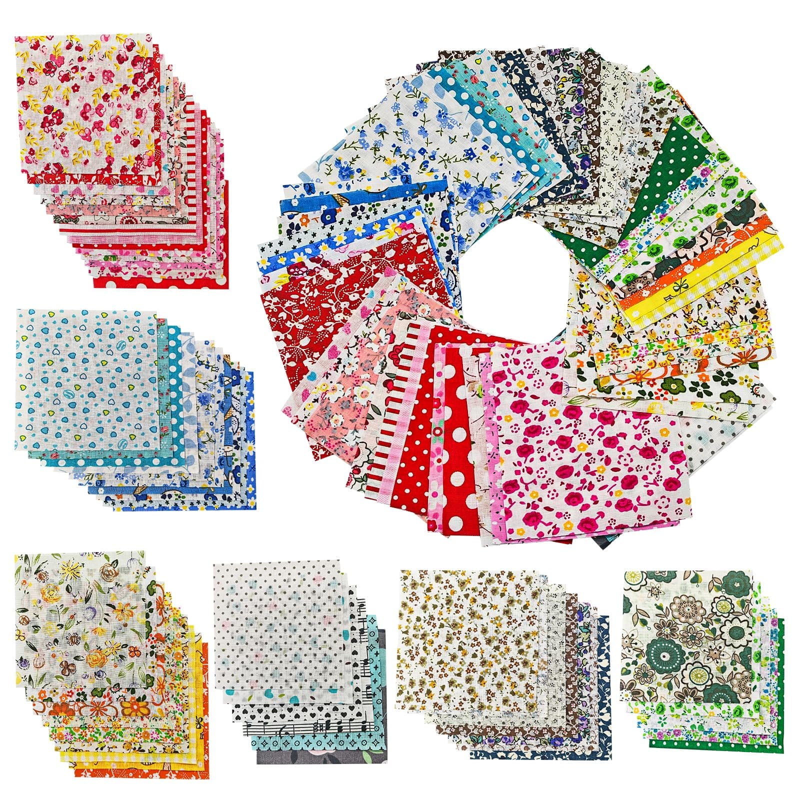 50 Cotton Fabric Squares for Sewing, Quilting, and DIY Crafts, 10 x 10 cm Precut Patchwork Fabric Bundles with Floral Patterns, Cotton Material for Easy Sewing and Textile Painting