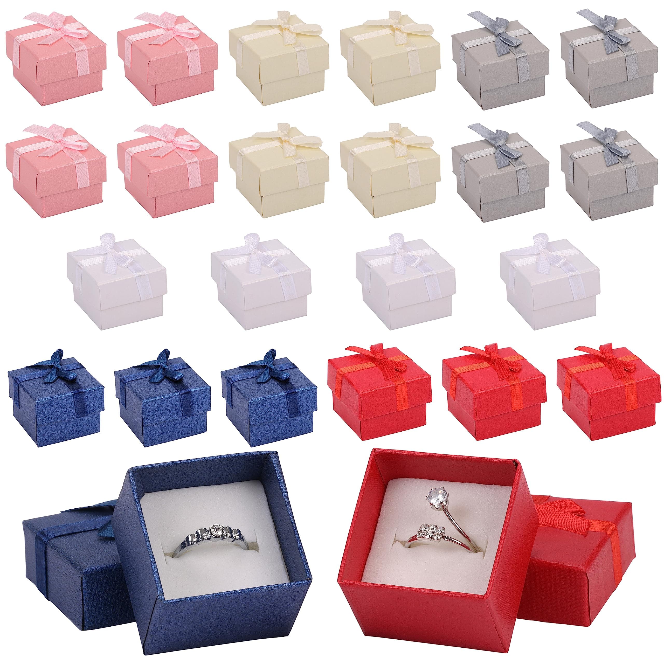 KurtzyKurtzy 24 Pack Jewellery Ring Gift Box - 4.1x 4.1cm/1.61x 1.61Inches - Assorted Colour Cardboard Display Boxes with Bow & Velvet Insert - Rings & Earring Case for Anniversaries, Weddings & Birthdays