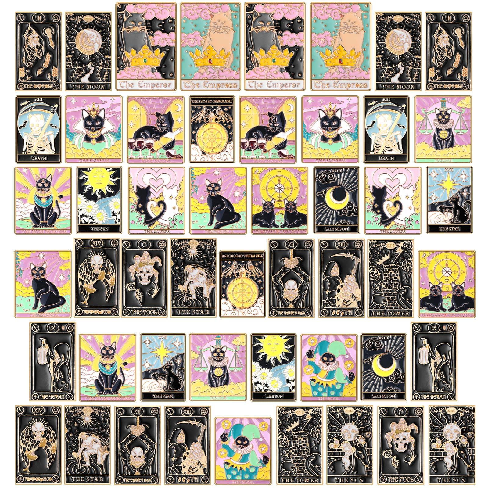 50 Pcs Tarot Card Pins Black Tarot Cards Enamel Pin Cute Brooch Pins Set Halloween Creative Divination Lapel Pins Moon Star Sun Lapel Badge for Backpacks Bag Clothing Decor Gift(Cat Moon)