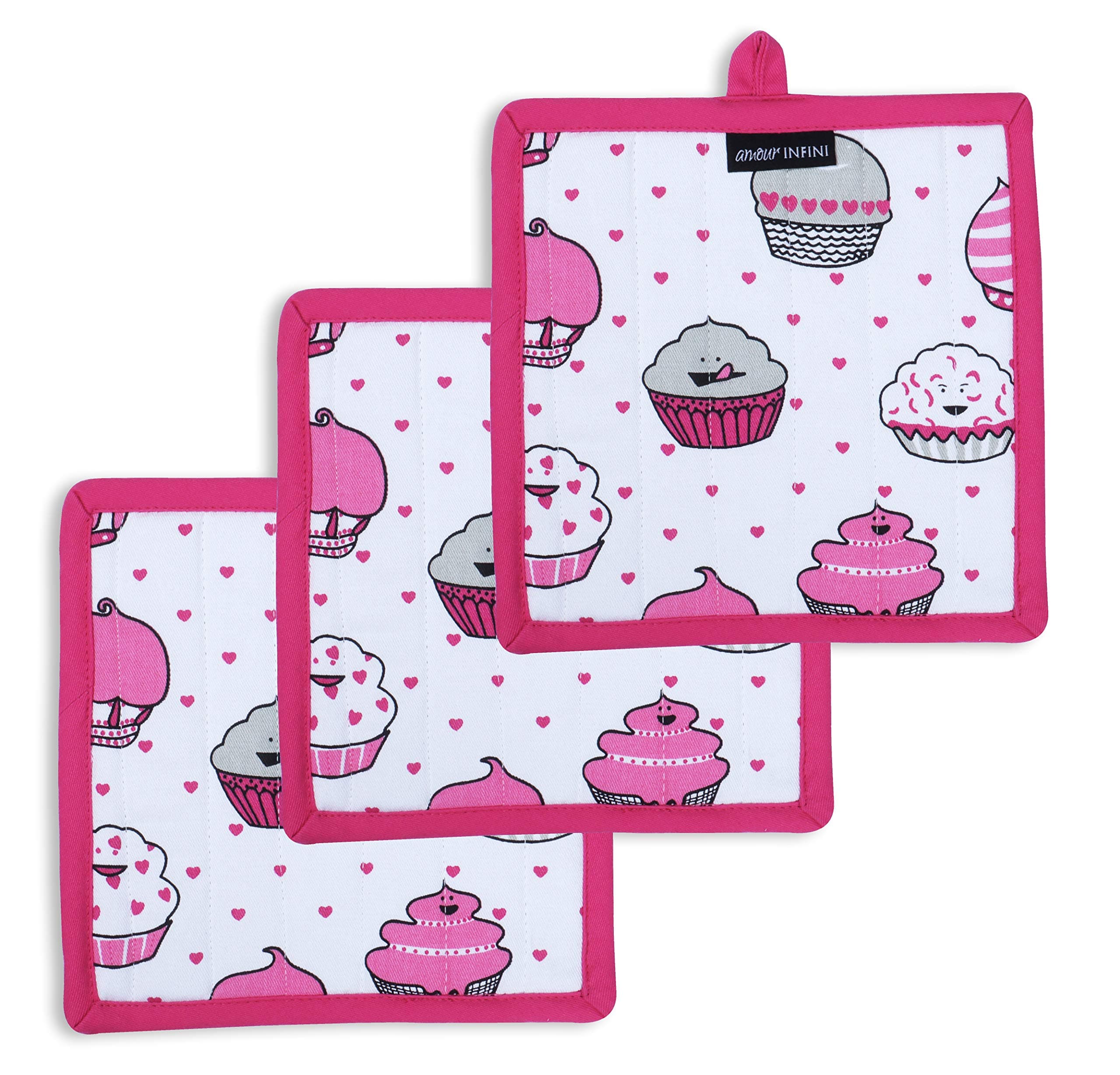 AMOUR INFINI Heat Resistant Pot Holders Set of 3 Nonslip Multipurpose Hot Pads for Cooking and Baking (Valentine Cup Cake - 8x8 Inches)