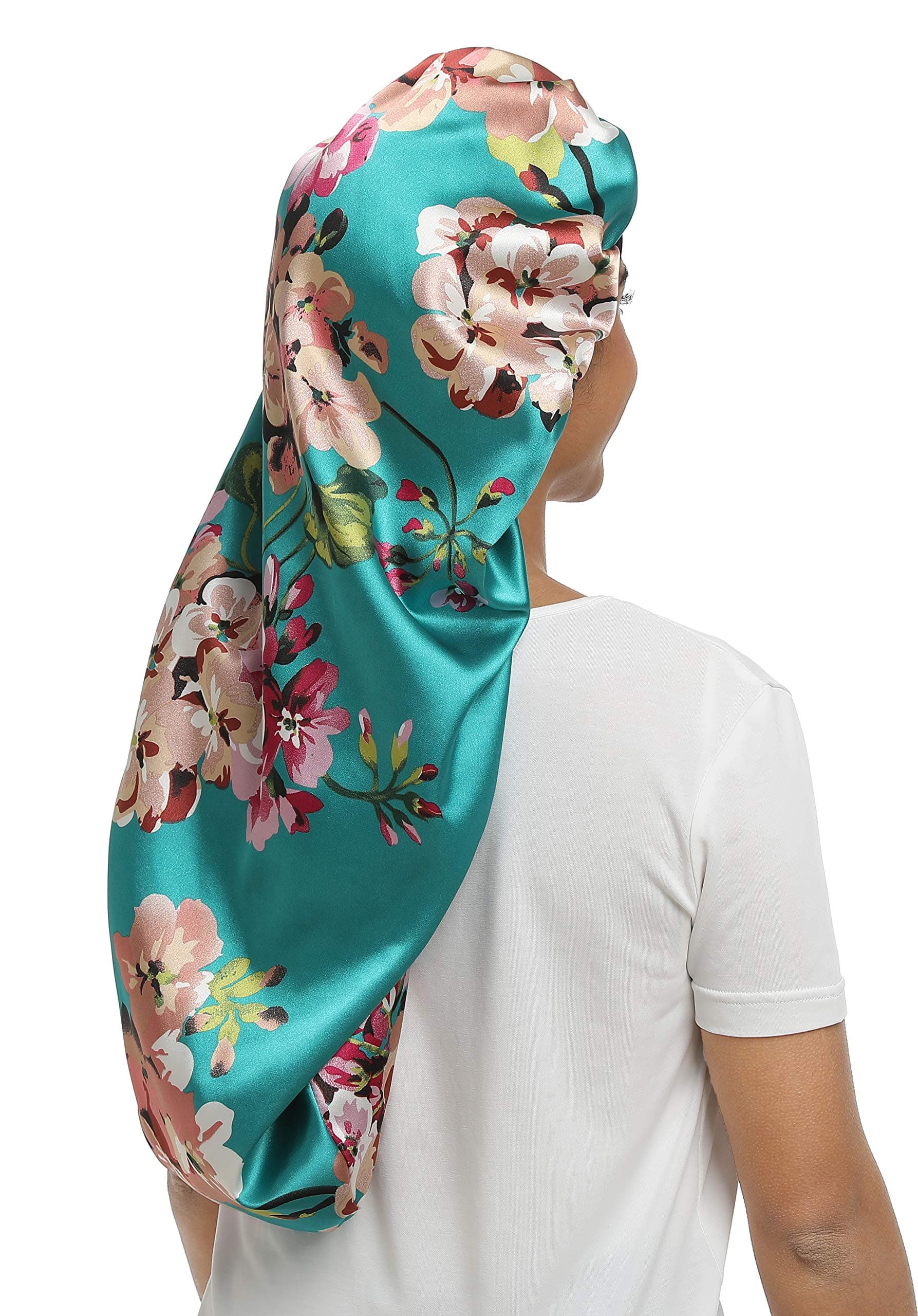 Satin Bonnet Sleep cap Silky Night hat Double Layer Wide Elastic Band for Women Hair Loss,Curly Long Hair(Long size, Long Green Flower)