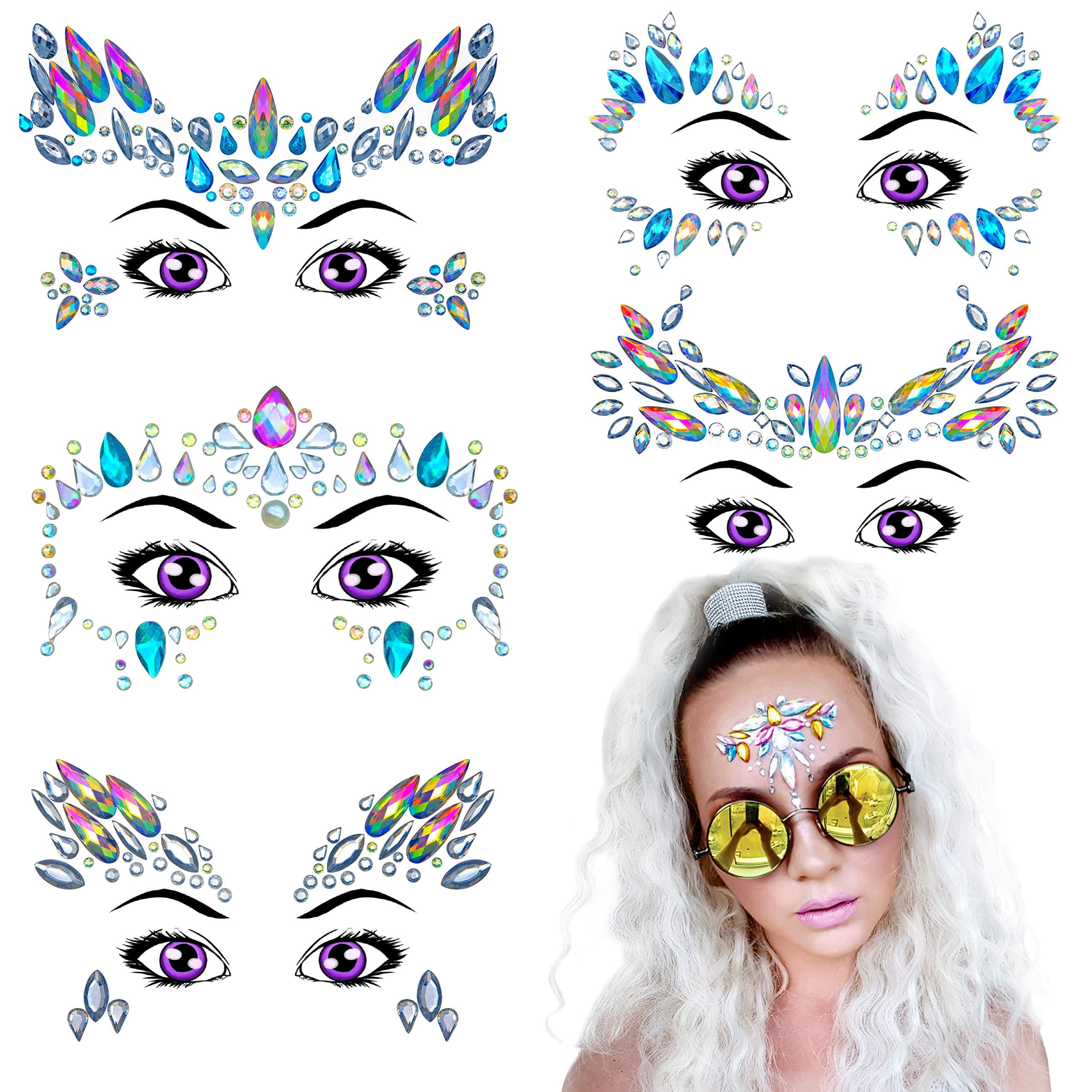 Otrexo Face Gems 5 Sets Face Jewels | Mermaid Rhinestone Temporary Tattoos Rave Glitter | Bindi Eyes Crystals Mermaid | Face Body Stick On Diamantes for Music Festivals Bohemian