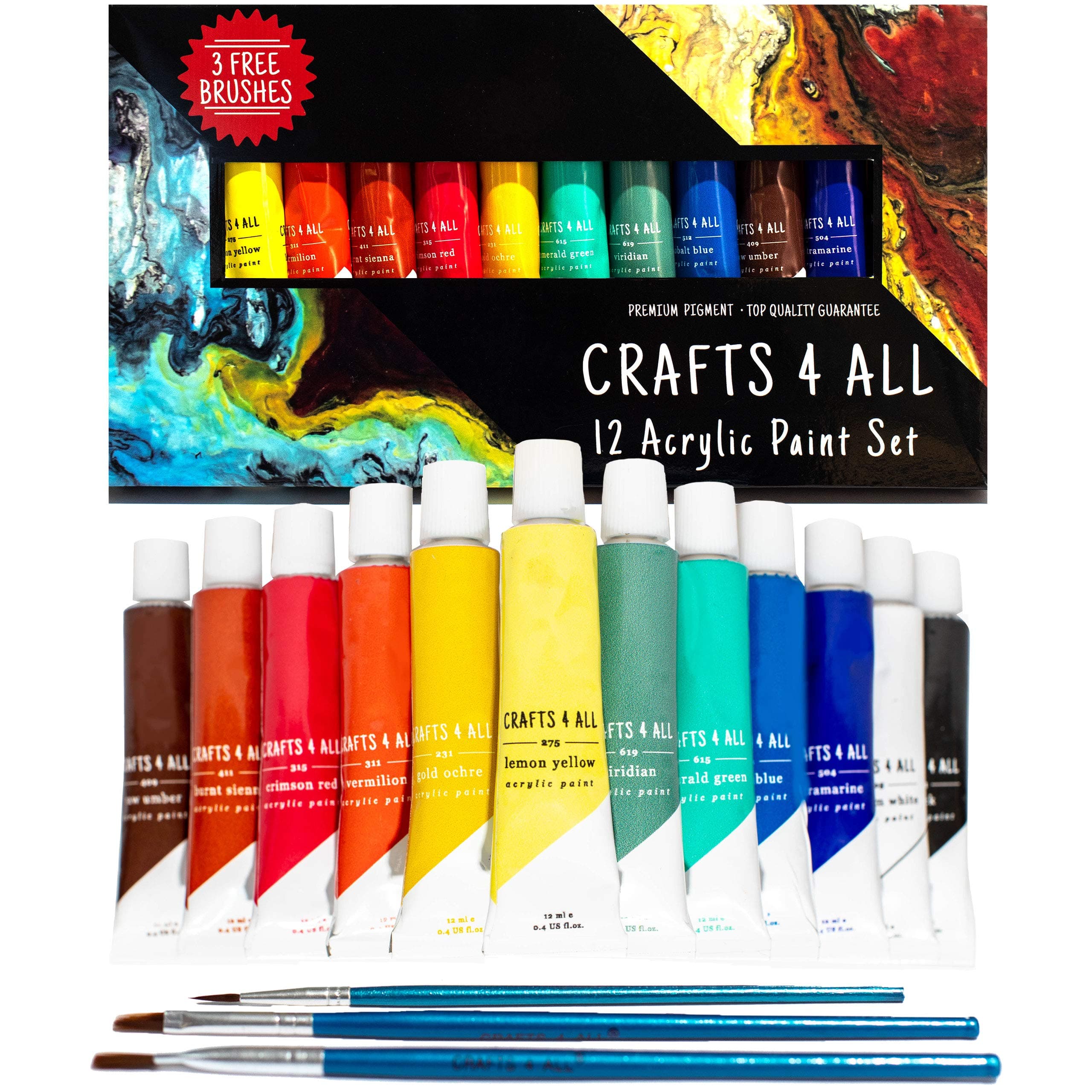 - Acrylic Paint Set for Kids and Adults - 12 Pack of 12 mL Craft Paint Colors for Wood, Canvas, Fabric and Ceramics w/ 3 Different Sized Brushes - Art Supplies, Multi