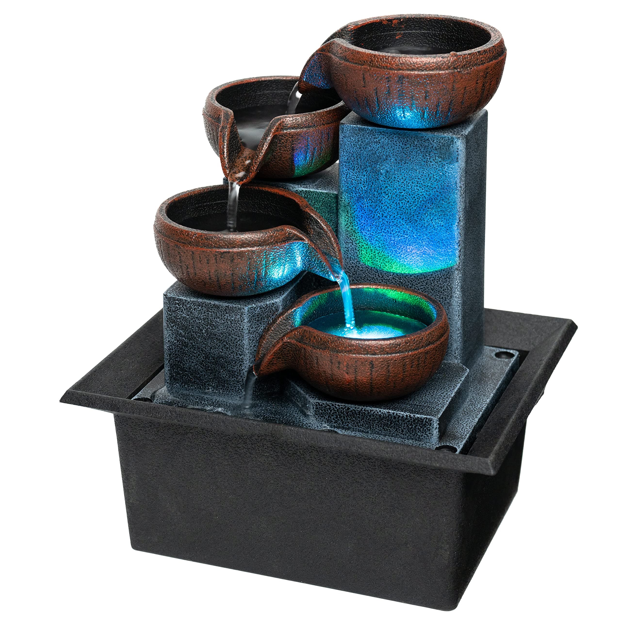 Tabletop Water Fountain-Water Fall Fountains-Indoor Desktop Fountain with Audible Calming Waterfall Sounds for Feng Shui Effect-Cascading LED Color Lighting