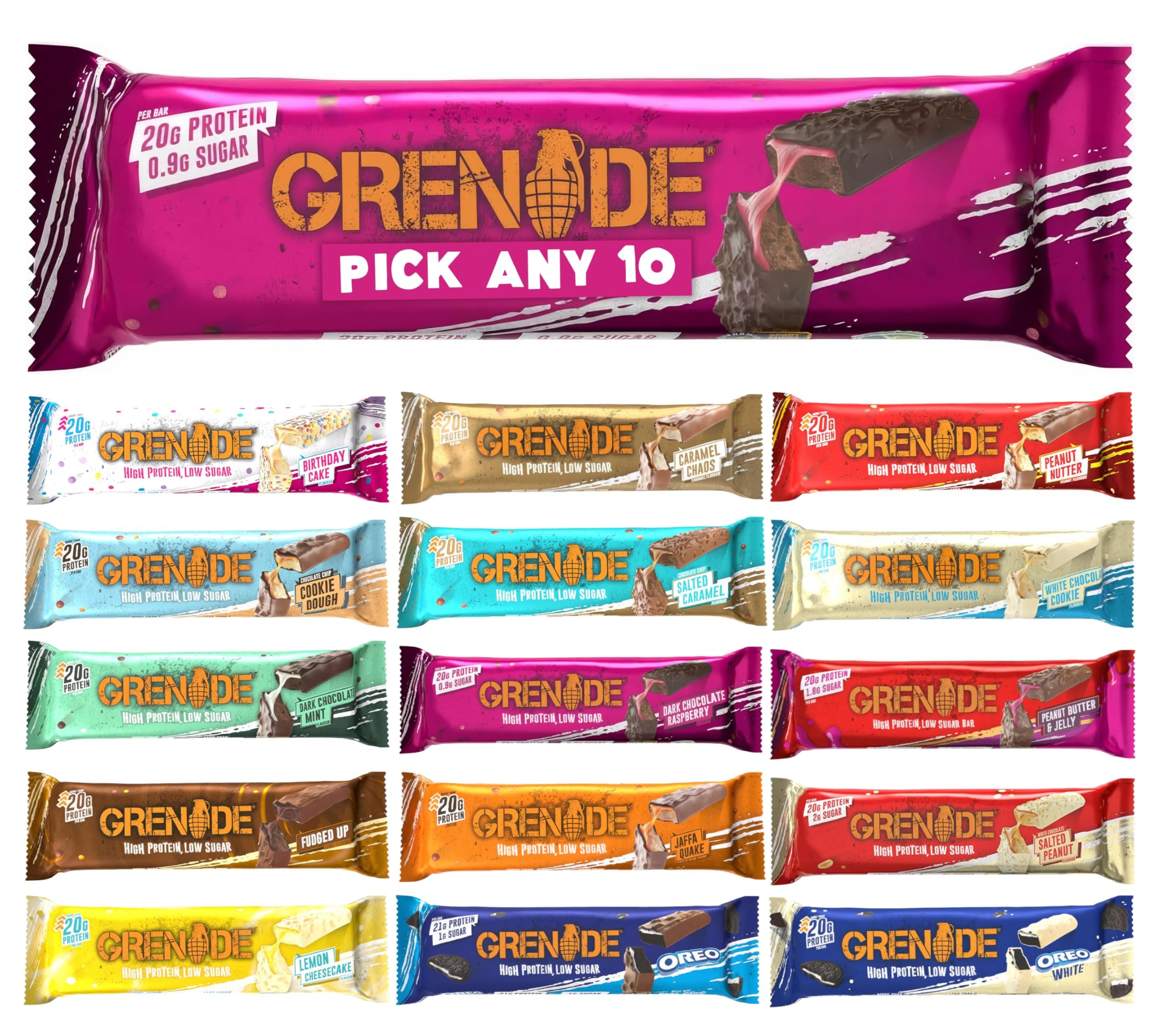 Grenade Protein Bar - Pick any 10 High Protein and Low Sugar Bars