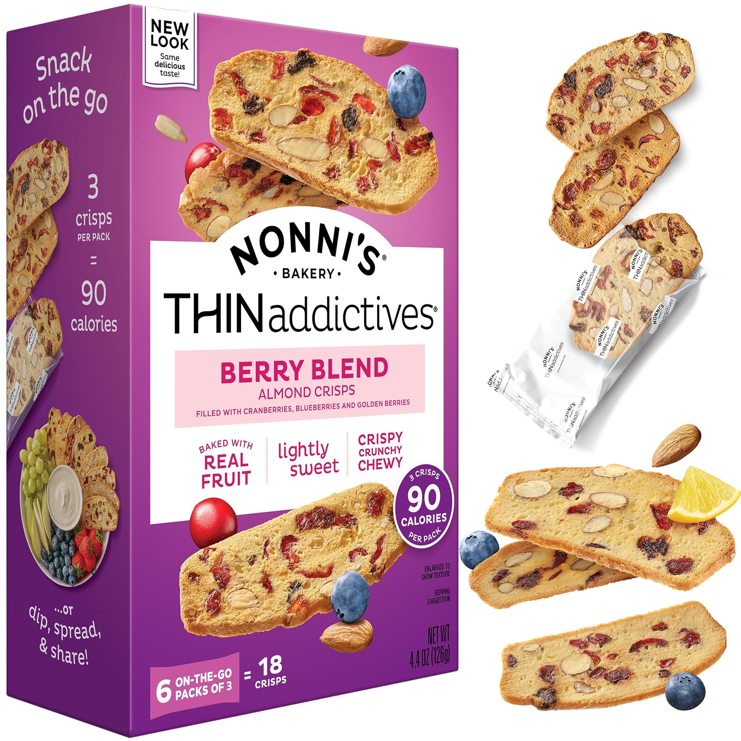Nonni's THINaddictives Almond Thin Cookies - Berry Blend Almond Cookies - Almond Cookie Thins w/ Cranberries Blueberries Goldenberries Raisins Sunflower Seeds - Kosher - 4.4 oz
