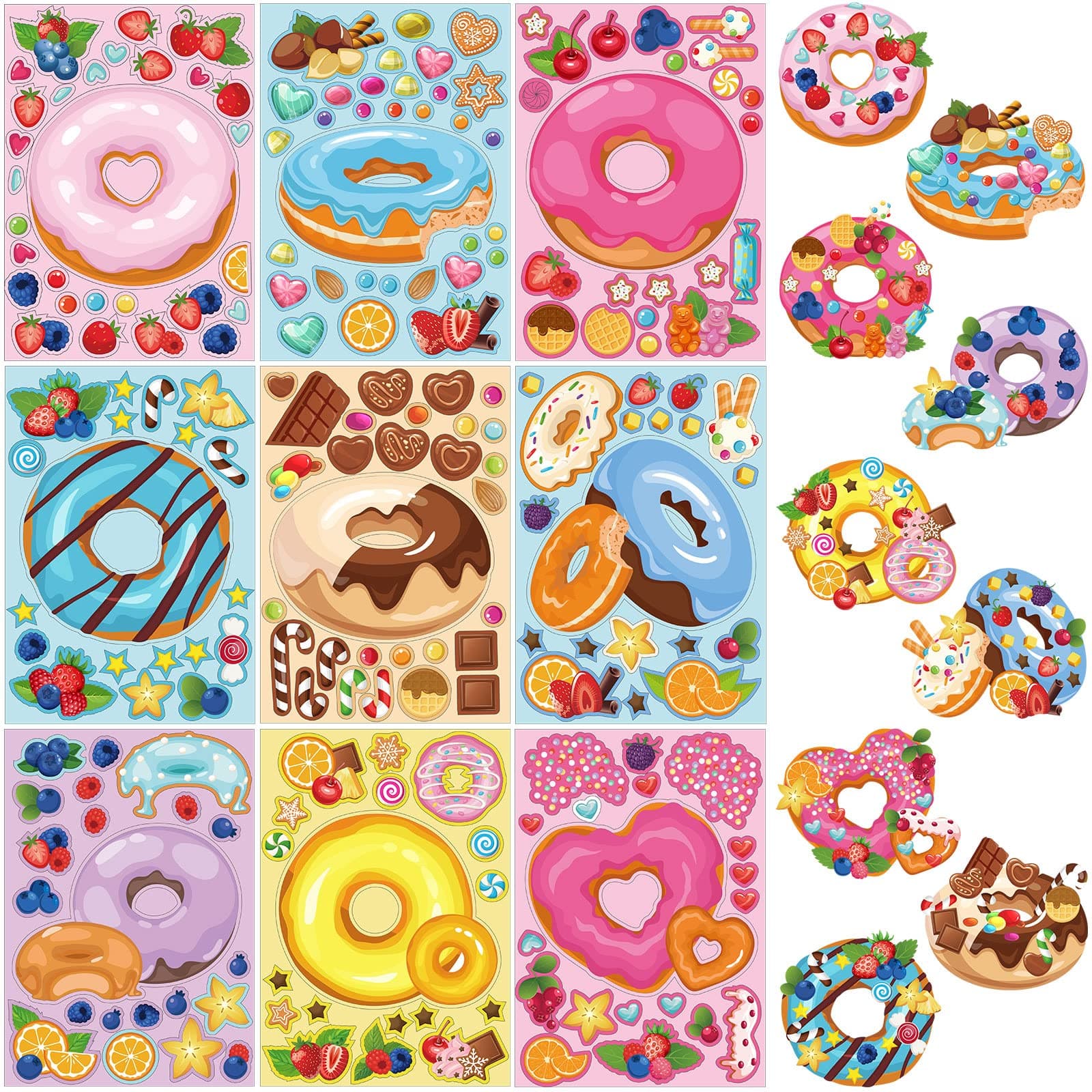 Geyee 36 Sheets Make a Face Donut Stickers for Kids Make Your Own Dessert Stickers Mix and Match Sweets and Treats Fruit, Donut Themed Birthday Gifts DIY Crafts Party Games Favors Supplies Decor