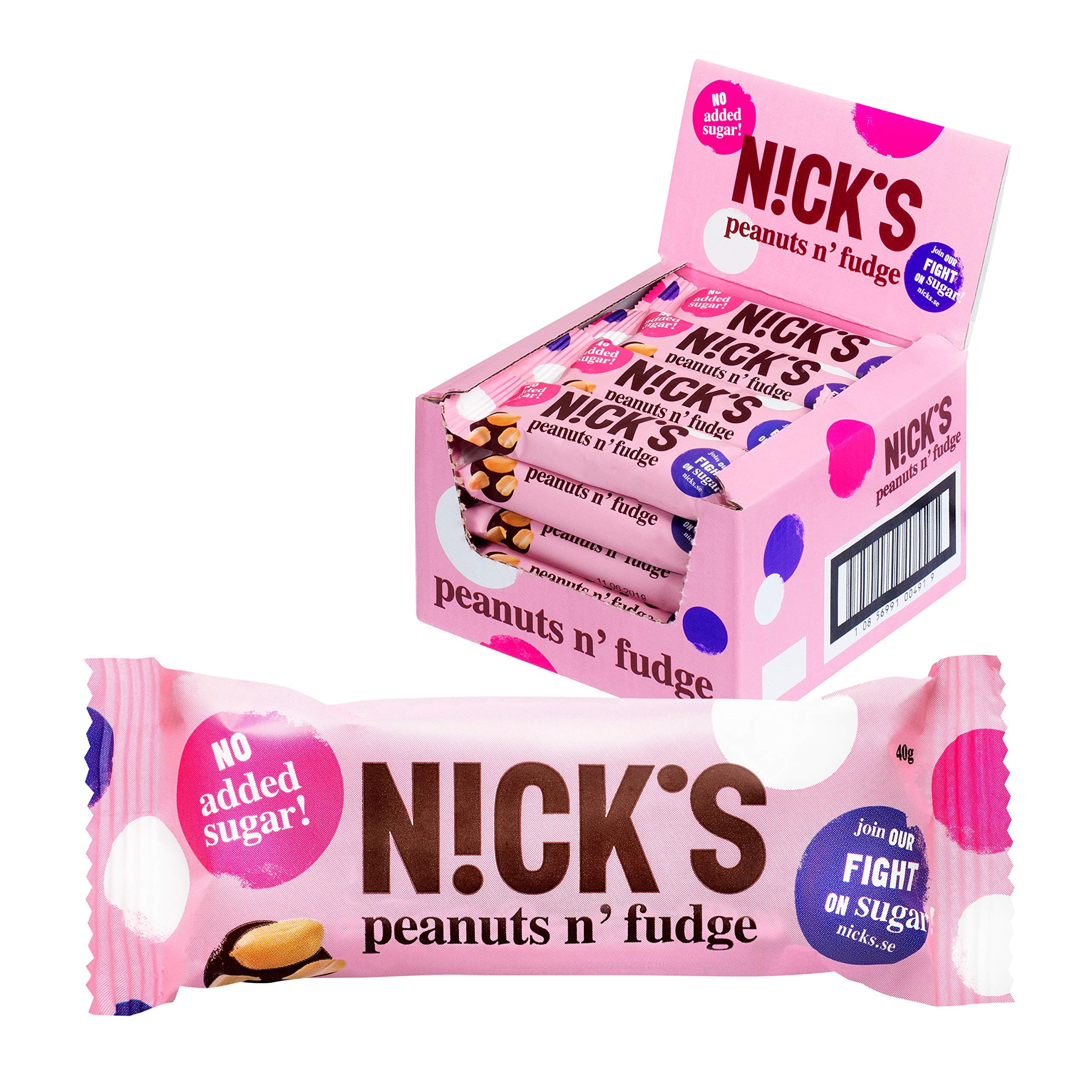 NICKS Peanuts n Fudge milk chocolate bars, no added sugar, gluten free 20x40g