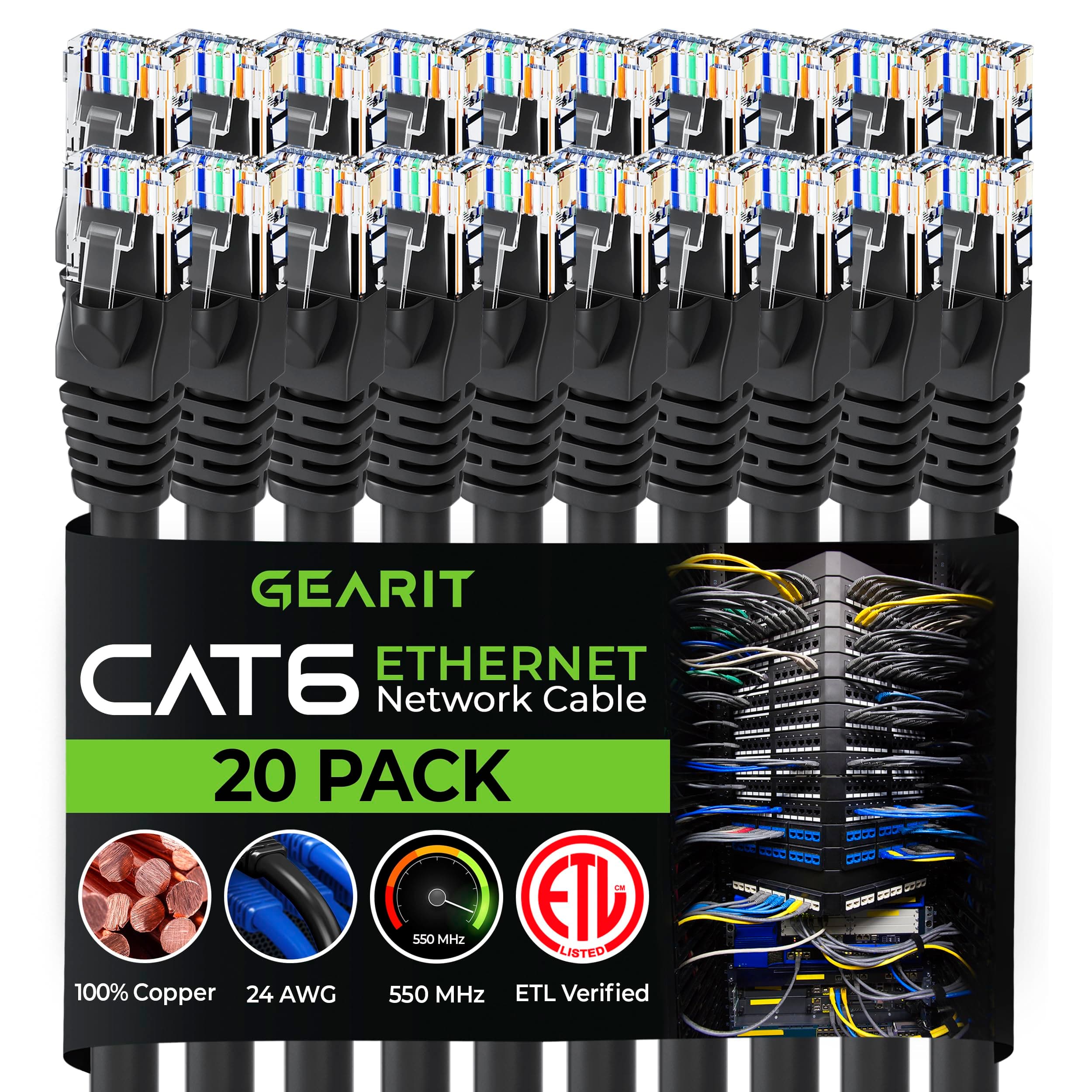 GearIT Cat 6 Ethernet Cable Pack - 20-Pack 5 ft Cat6 Ethernet Patch Cables | RJ45 Network Patch Cable, 10 Gbps Snagless Gold-Plated Connectors - Ethernet Cable Cat 6 for PC, TV, Router - Black