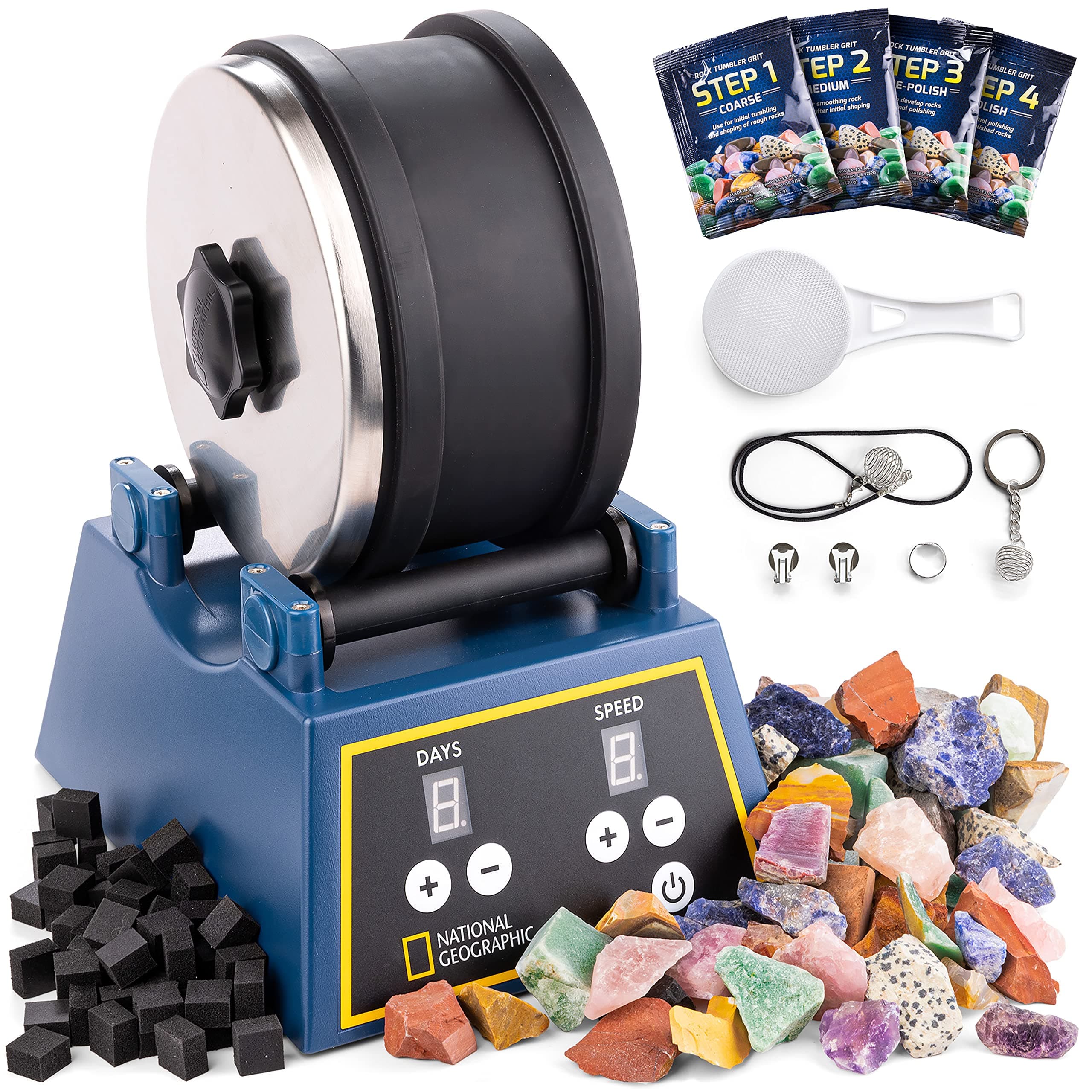 Blue Marble NATIONAL GEOGRAPHIC Rock Tumbling Kit - 3LB Extra Large Capacity, 3LB Rough Gemstones, 4 Polishing Grits, Jewelry Fastenings, an Educational STEM Science Kit