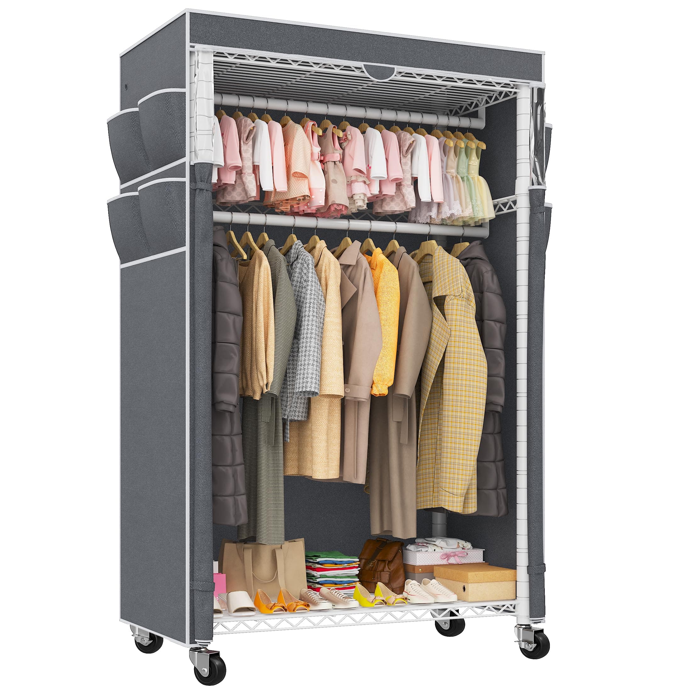Rolling Clothes Rack with Cover Clothing Racks for Hanging Clothes Heavy Duty Portable Closet with Wheels Garment Rack 35.5" W*15.7" D*79 "H White