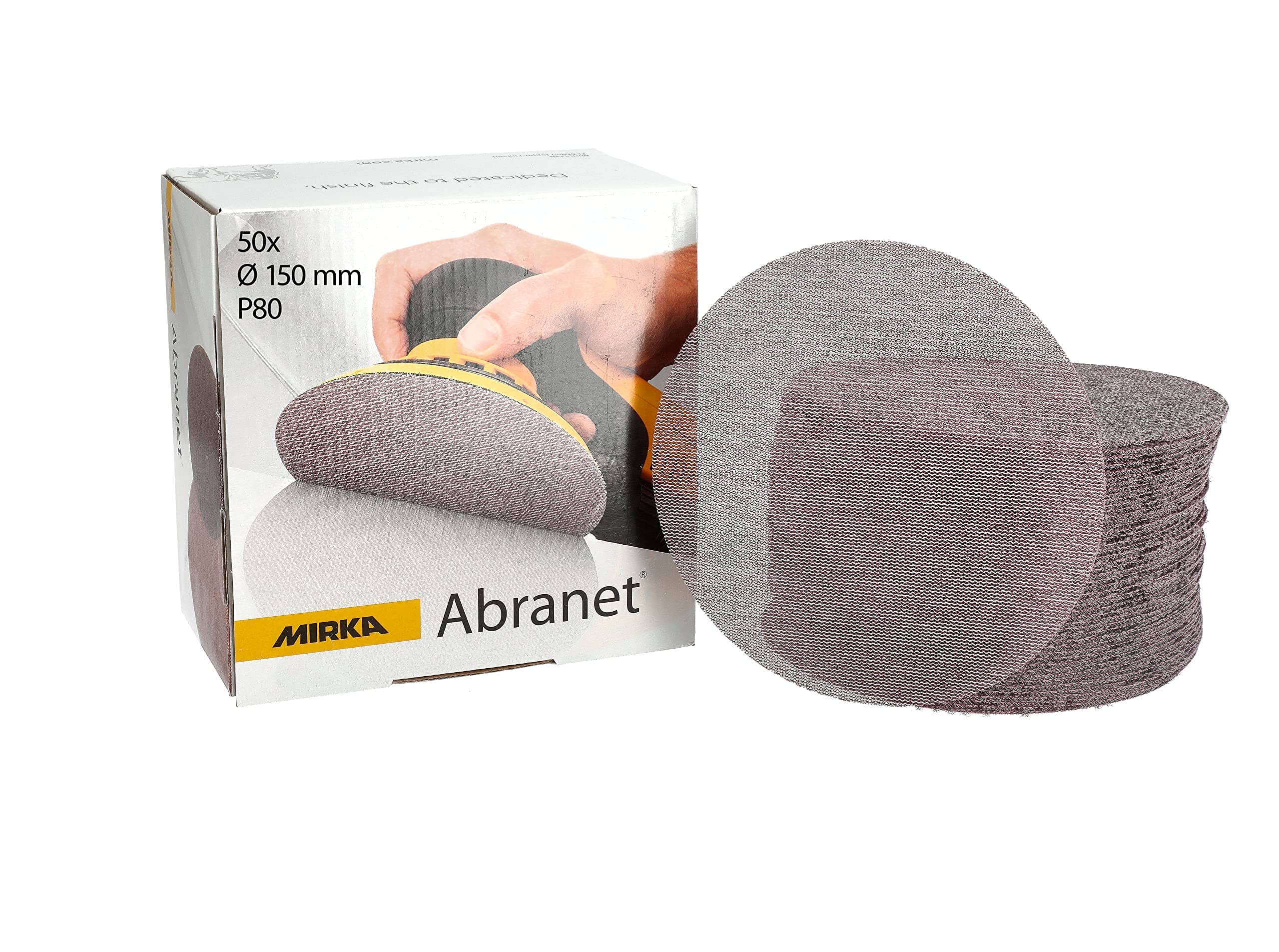 Mirka Abranet net sanding disc Ø 150 mm Hook & loop/Grit P80 / 50 pcs/for sanding wood, walls, metal, aluminium, stainless steel, filler, varnish, plastic / 5424105080