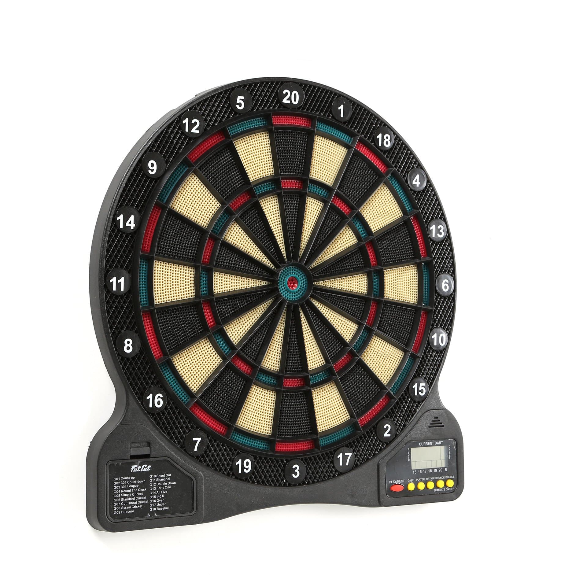 Fat Cat by GLD Products 727 Electronic Dartboard Value Size Over 15 Games and 132 Options Auto-Scoring Compact Display with Missed-Dart Throw Catch Ring Soft Tip Darts and Extra Points Battery