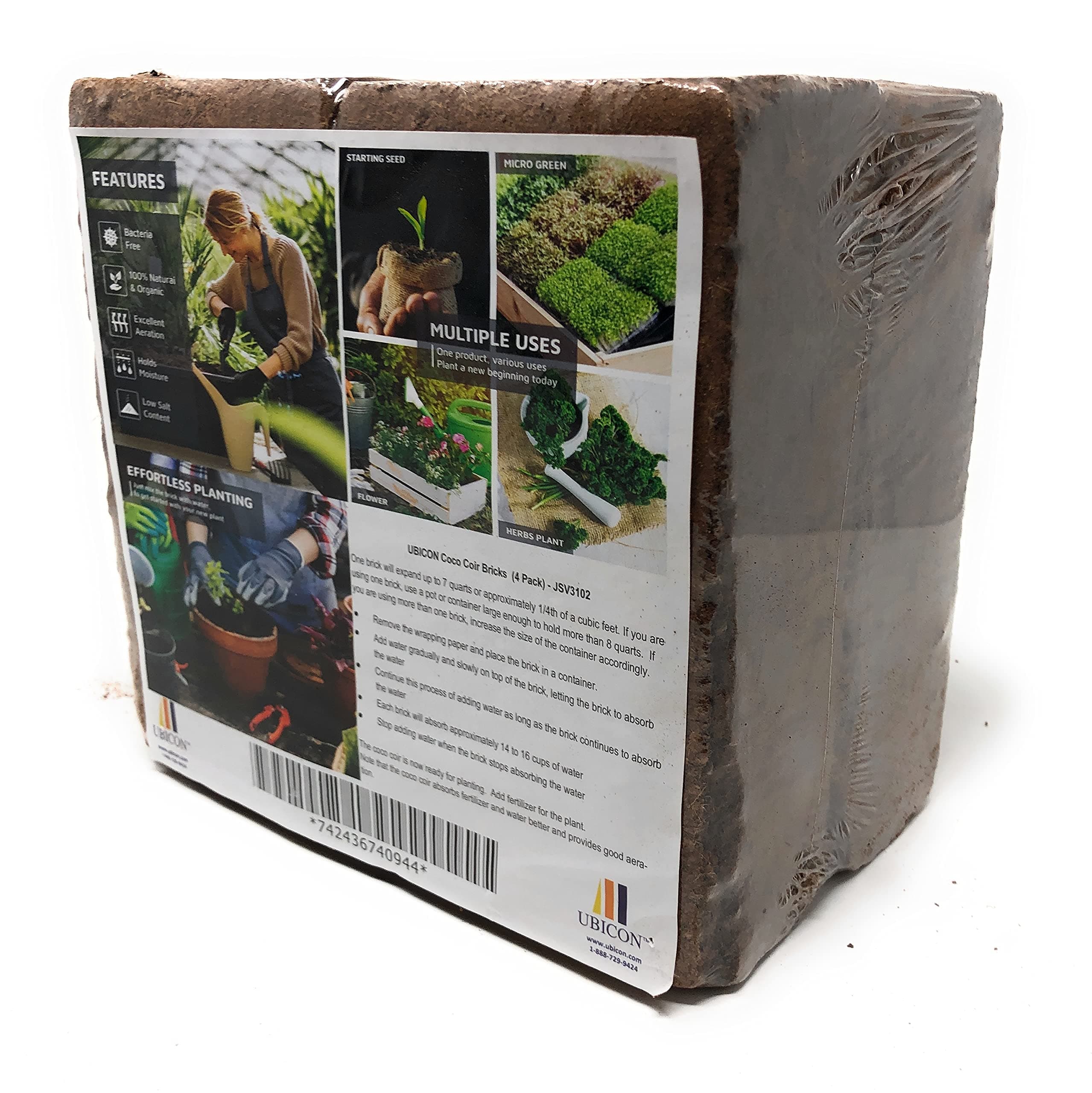 UBICON Easy Use Coco Coir Organic Top Soil for Indoor/Outdoor Plants; 4 Bricks Expands to 10 Gallons, Excellent Aeration, Reduces Weed Growth, and Retains Water (4)