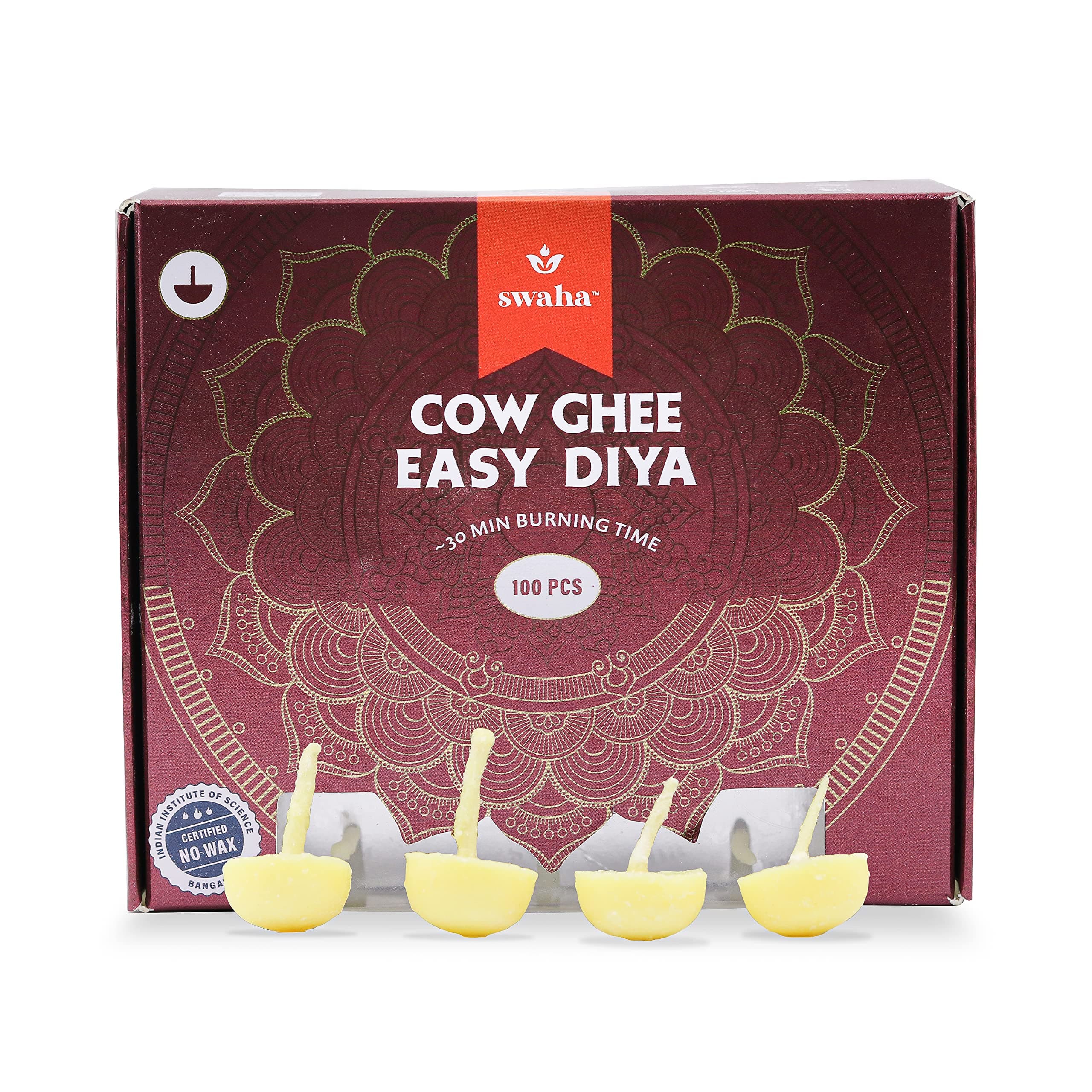 Swaha IISC Certified Premium Cow Ghee Diya (100 Pieces), 30min Burning Time, Wax Free Cow Ghee Diya Batti - Pack of 1
